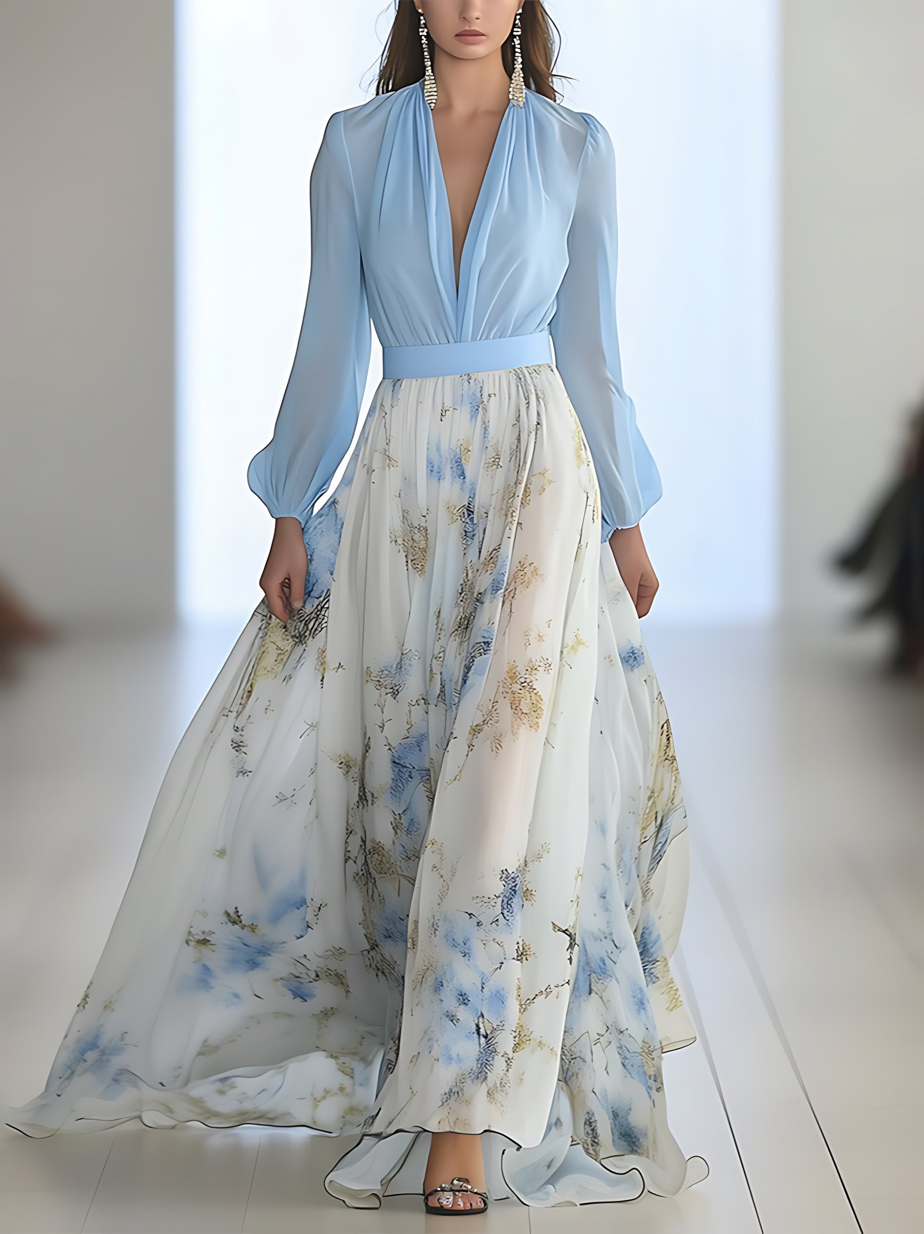Adaline – V Neck Long Sleeve Floral Print Maxi Dress