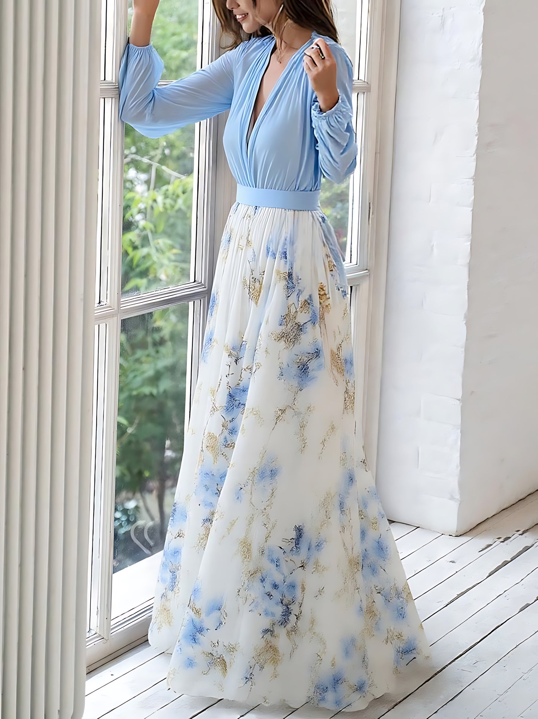 Adaline – V Neck Long Sleeve Floral Print Maxi Dress