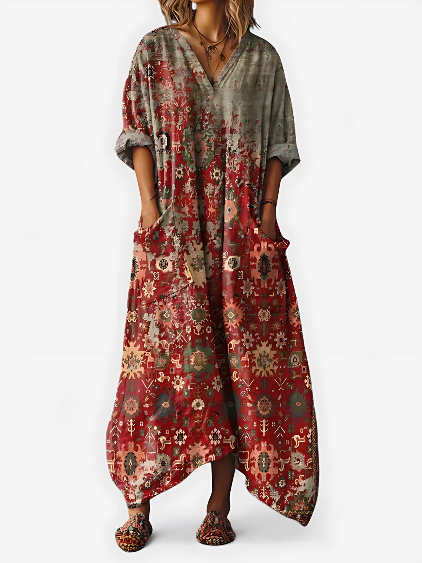 Adalynn – Boho Print Kimono Sleeve Kaftan Maxi Dress