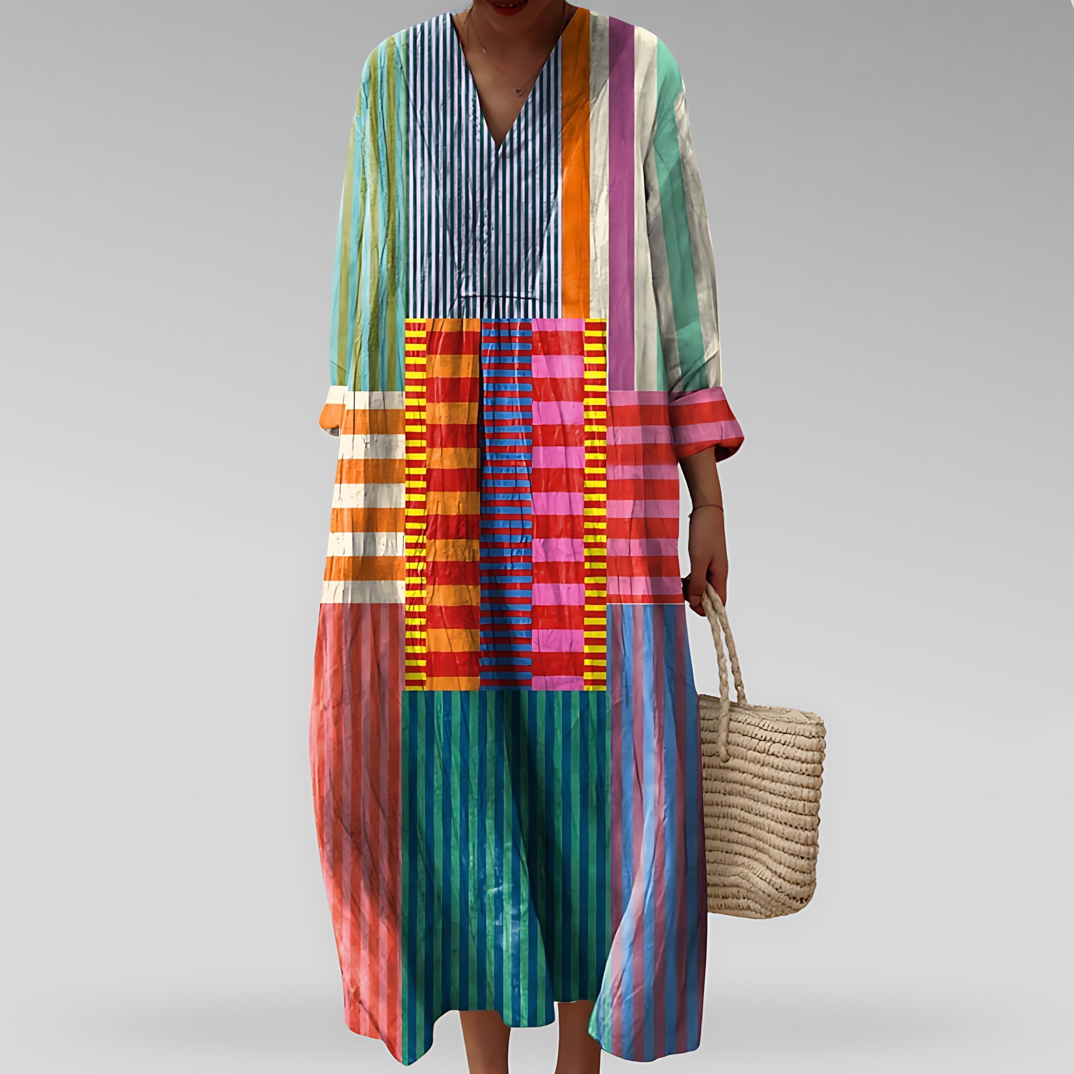 Adalynn – Geometric Print V Neck Pleated Maxi Dress