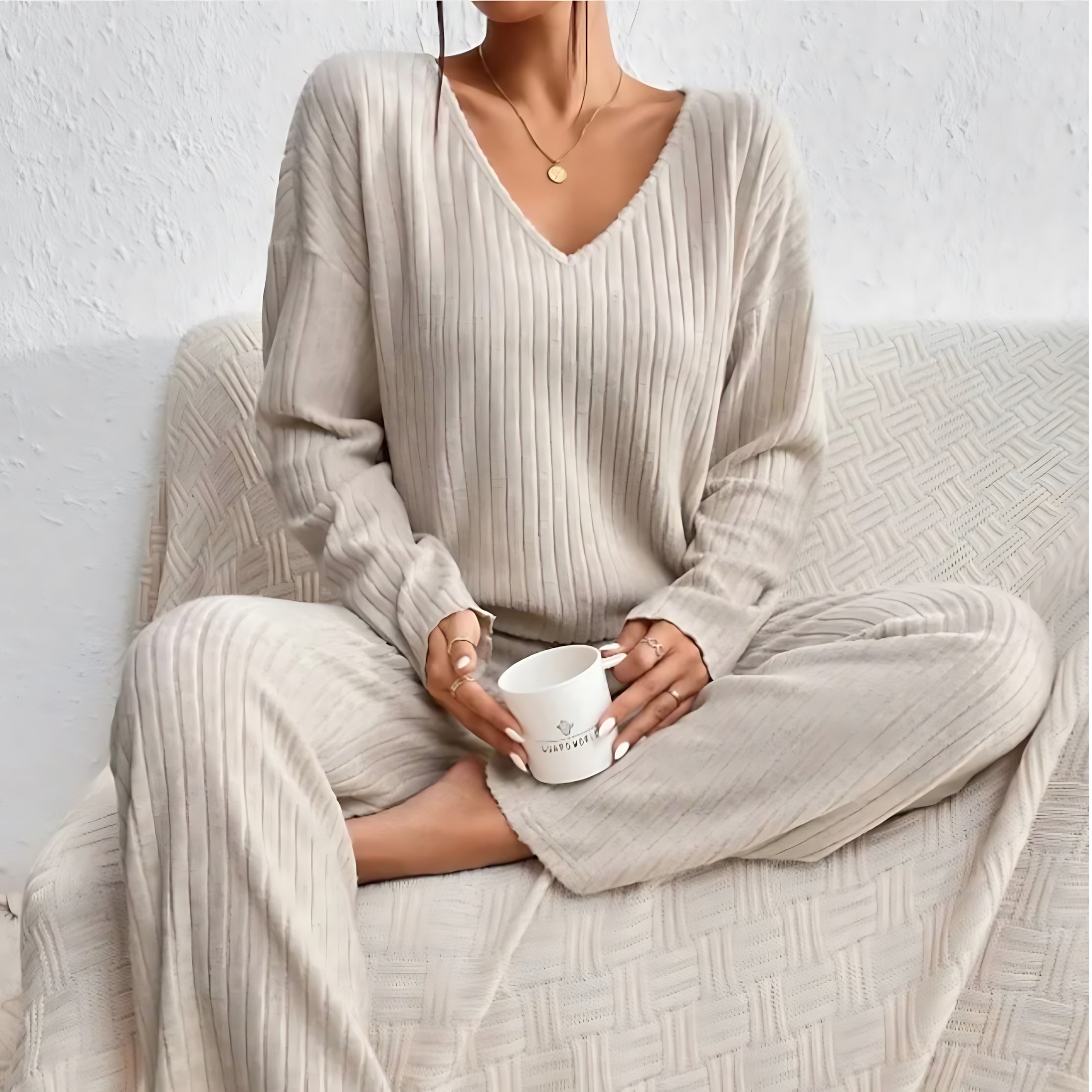 Adalynn – V Neck Knit Sweater and Wide Leg Pants Set