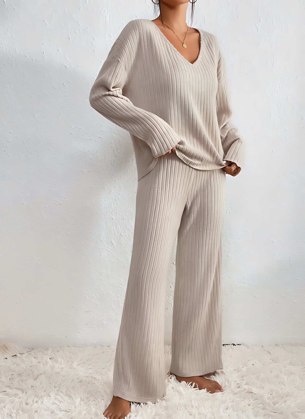 Adalynn – V Neck Knit Sweater and Wide Leg Pants Set