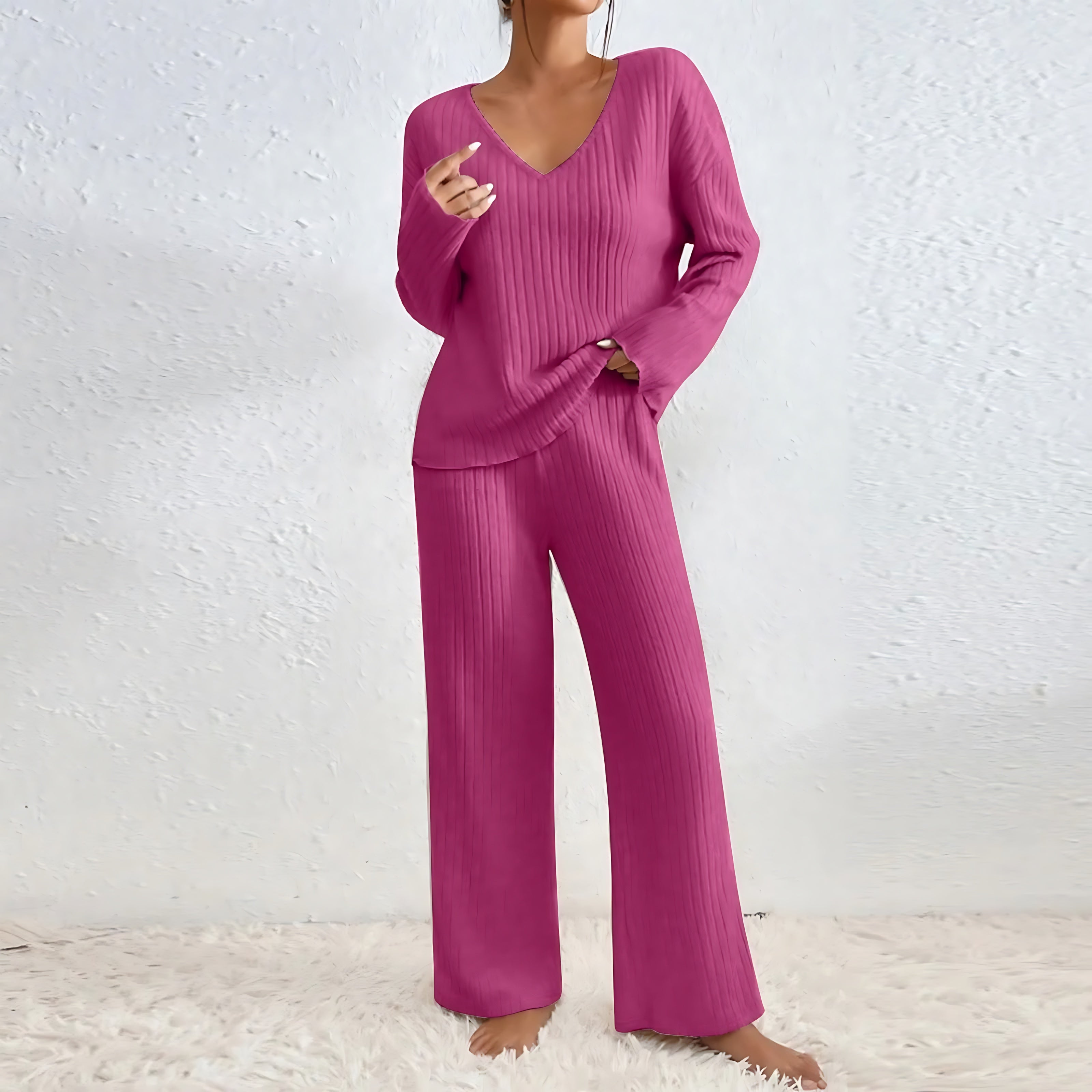 Adalynn – V Neck Knit Sweater and Wide Leg Pants Set