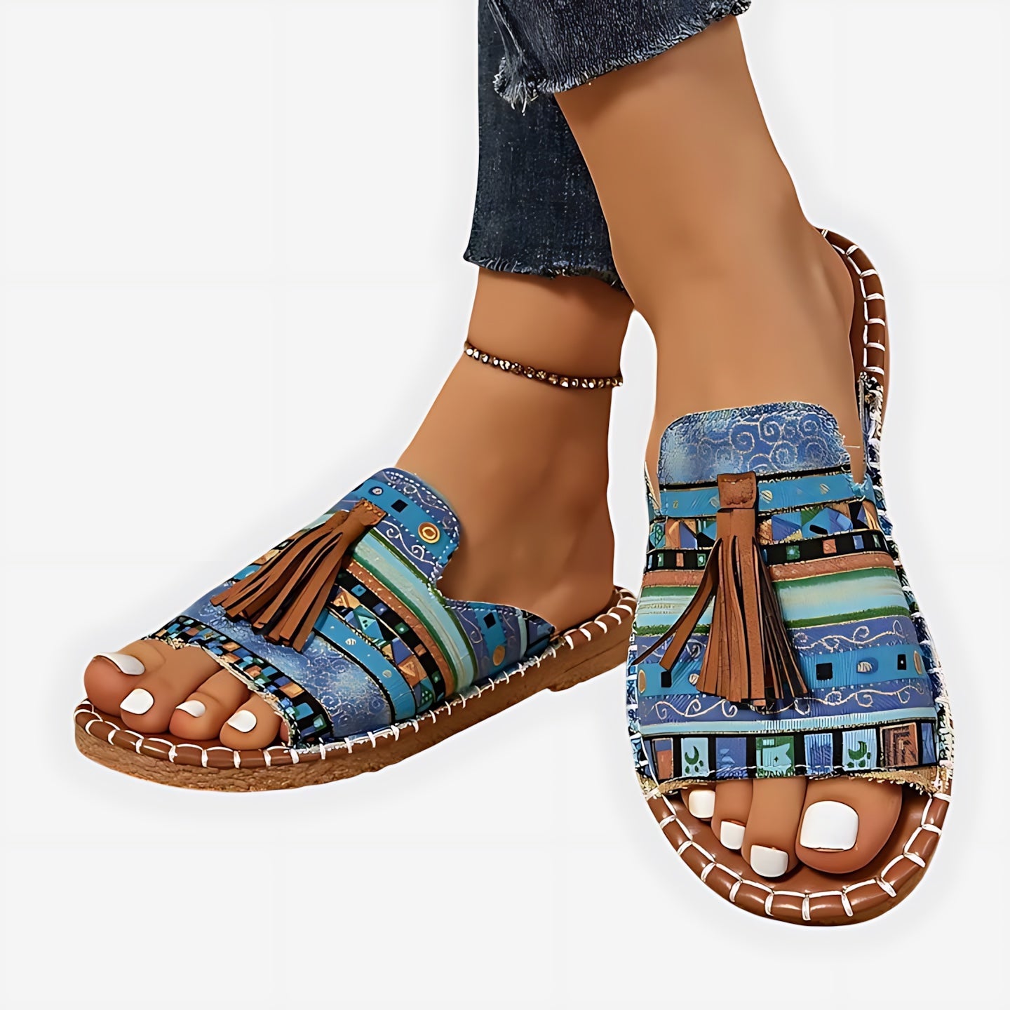 Adelaide – Boho Print Beaded Slide Sandals
