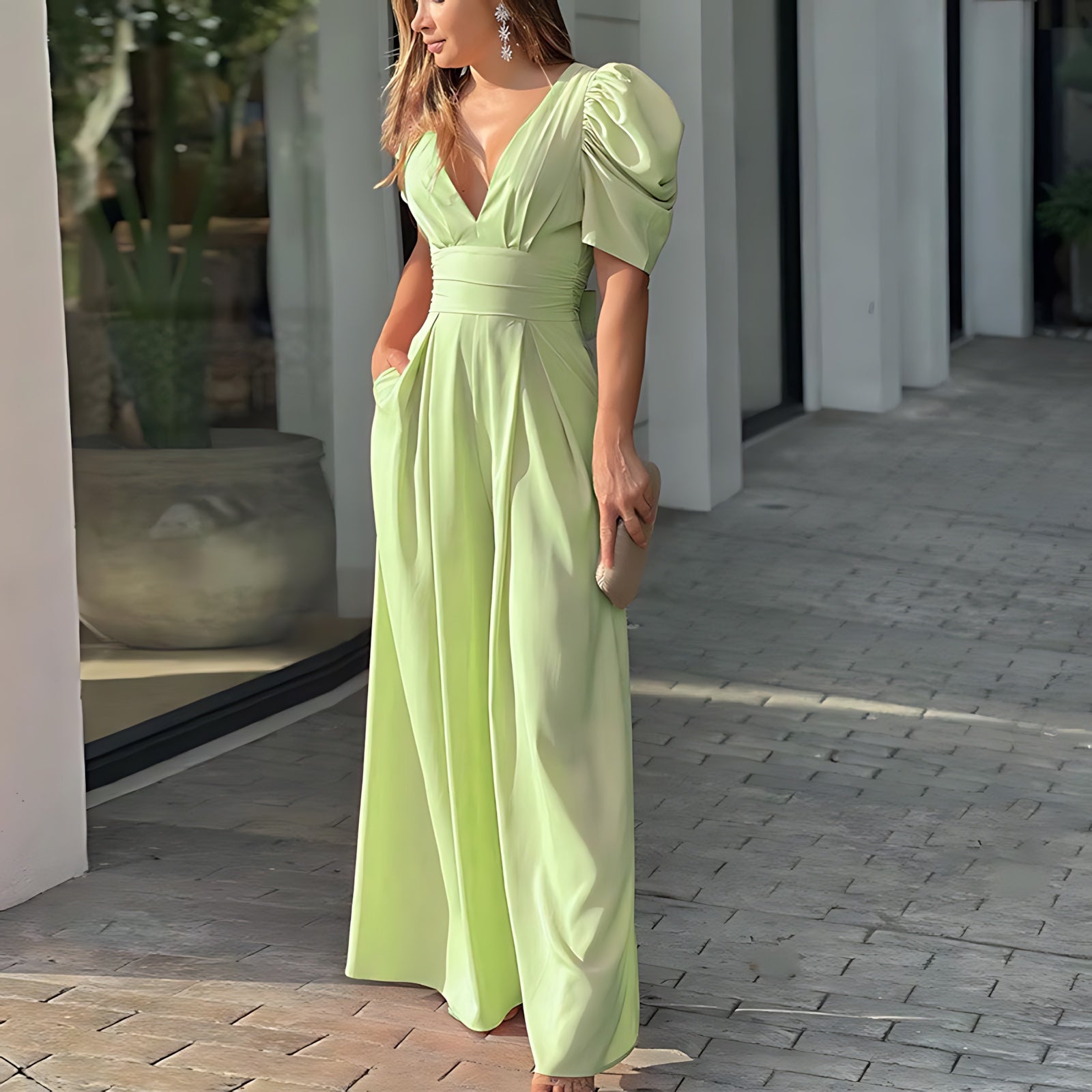 Adelaide – Puff Sleeve V Neck Wide Leg Jumpsuit