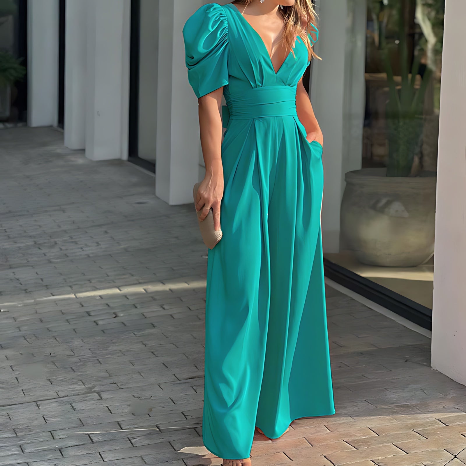 Adelaide – Puff Sleeve V Neck Wide Leg Jumpsuit