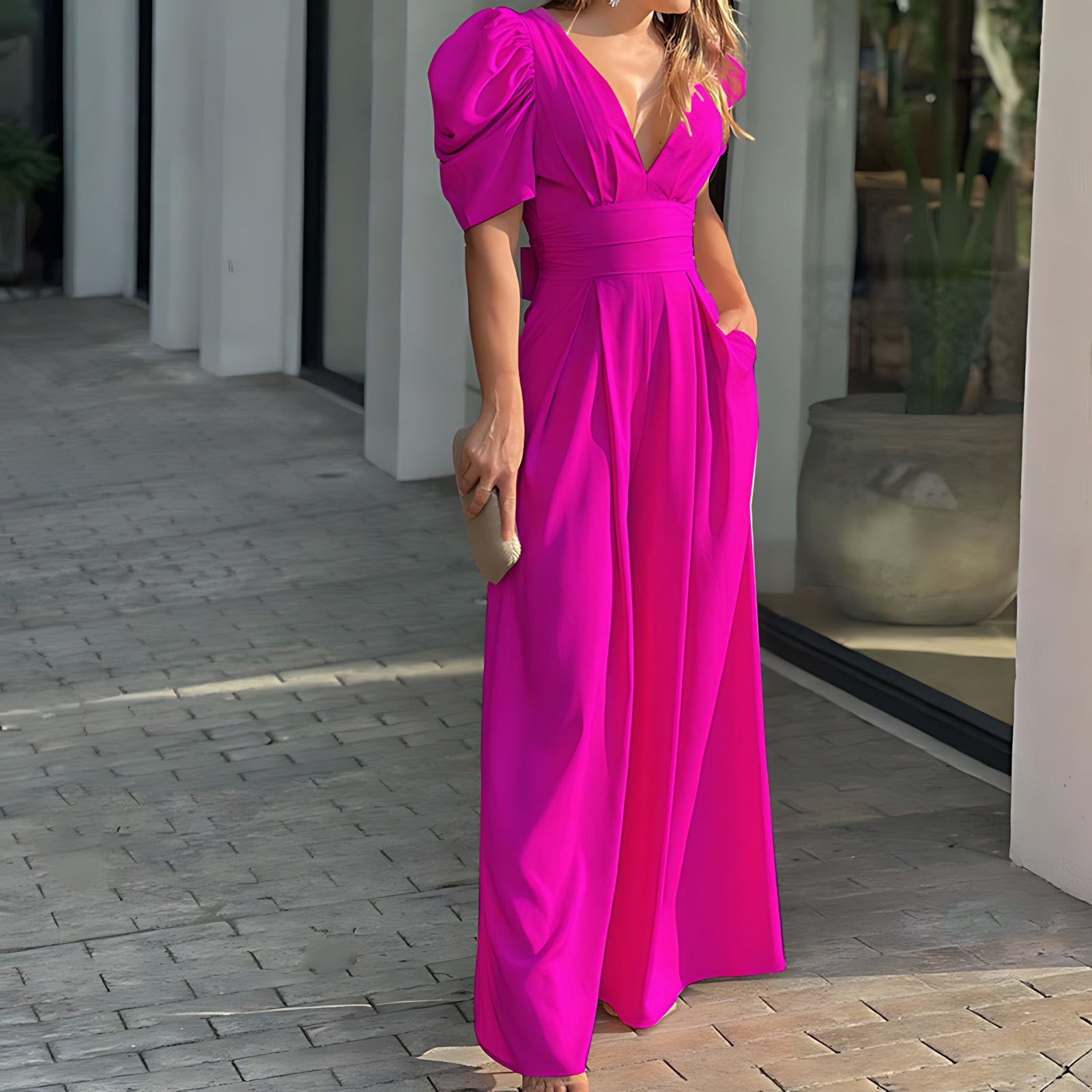 Adelaide – Puff Sleeve V Neck Wide Leg Jumpsuit
