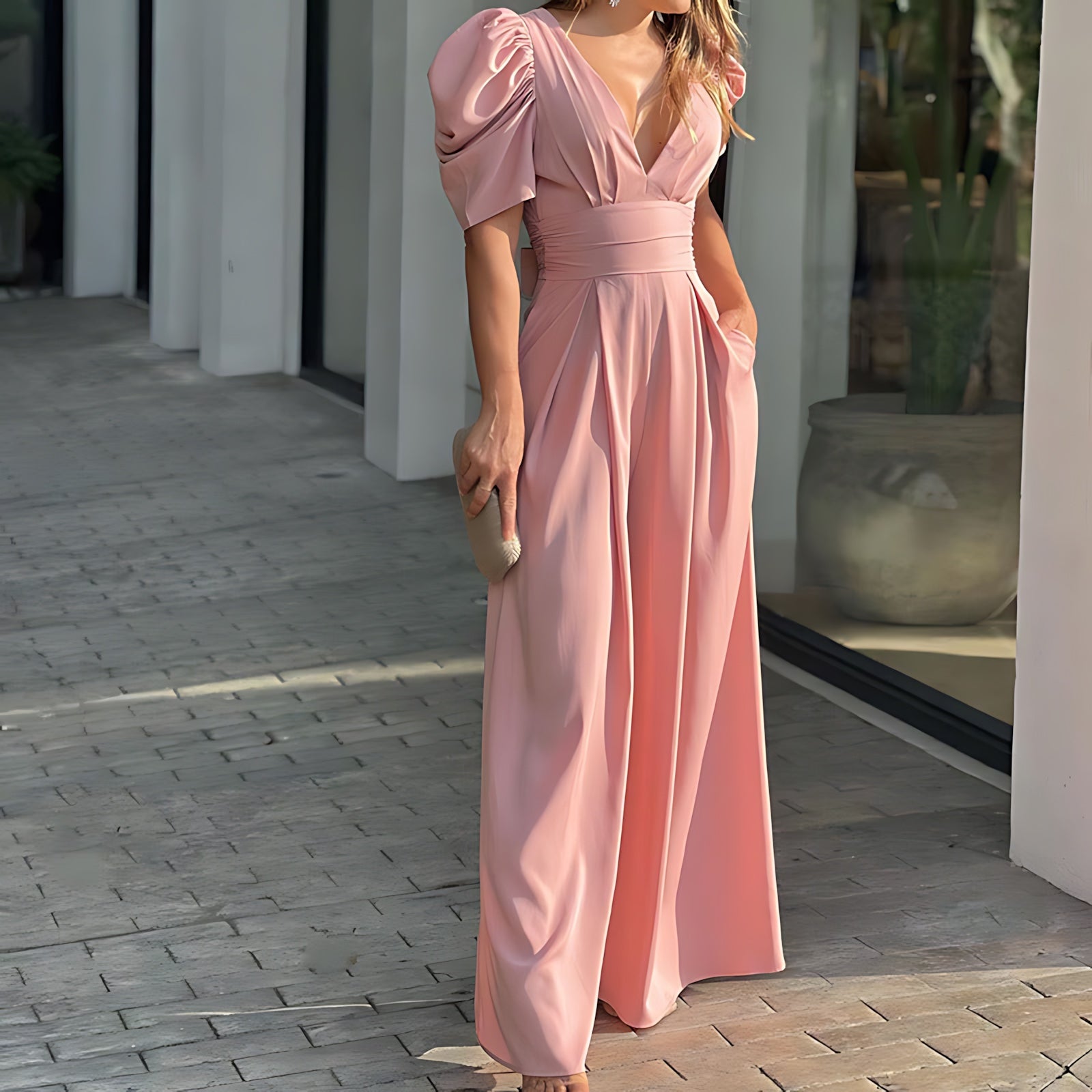 Adelaide – Puff Sleeve V Neck Wide Leg Jumpsuit
