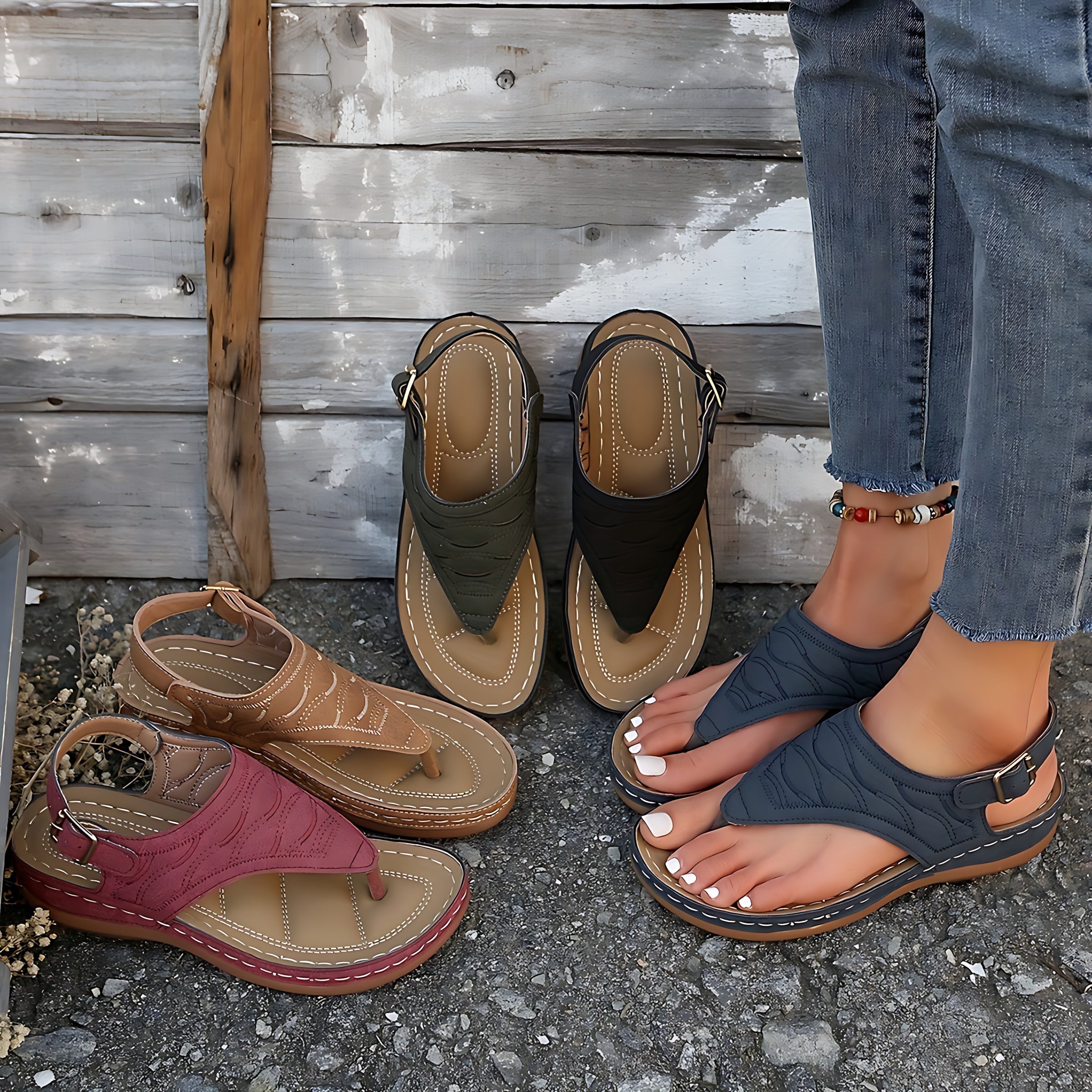 Adelaide – Studded Toe Post Low Wedge Sandals