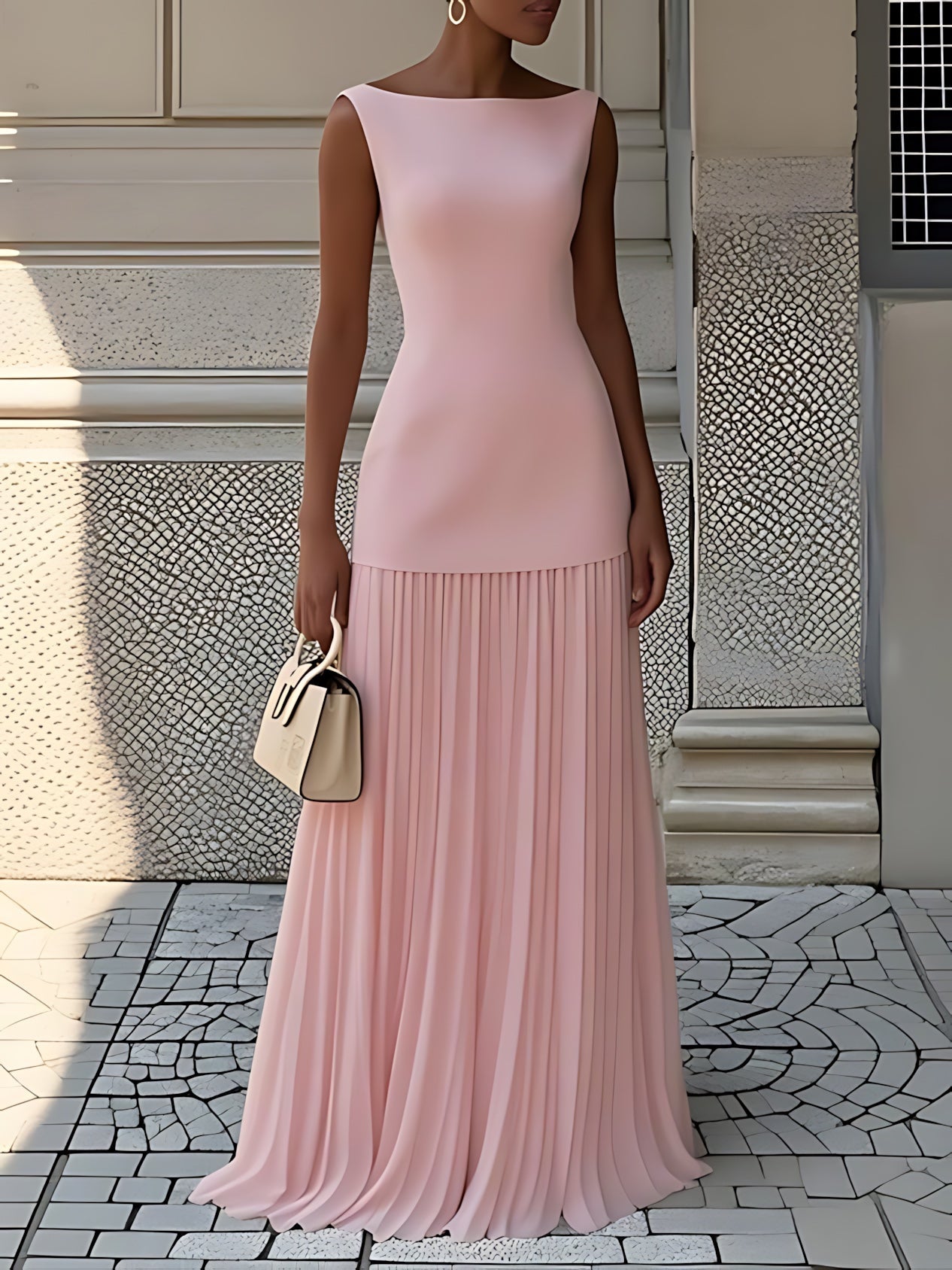 Adeline – Boat Neck Pleated Maxi Dress