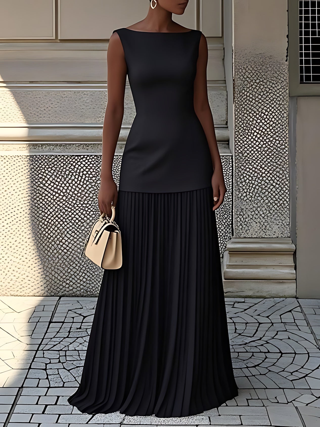 Adeline – Boat Neck Pleated Maxi Dress