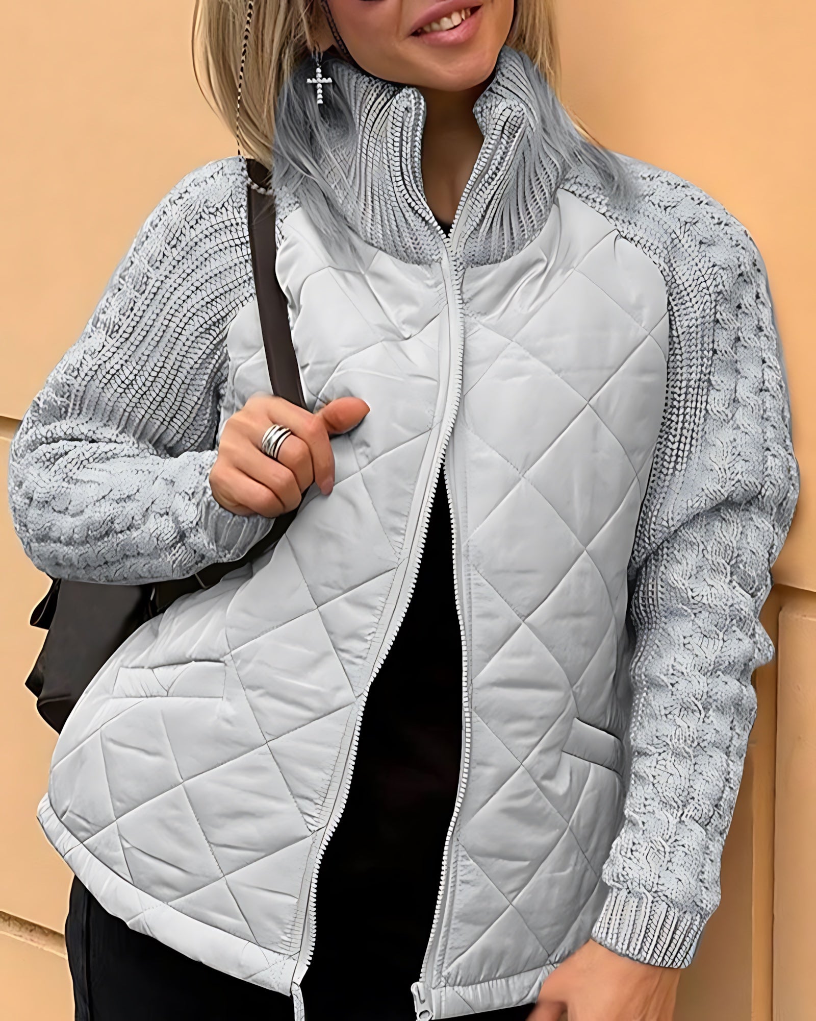 Adeline – Knit Sleeve Quilted Zip Up Jacket