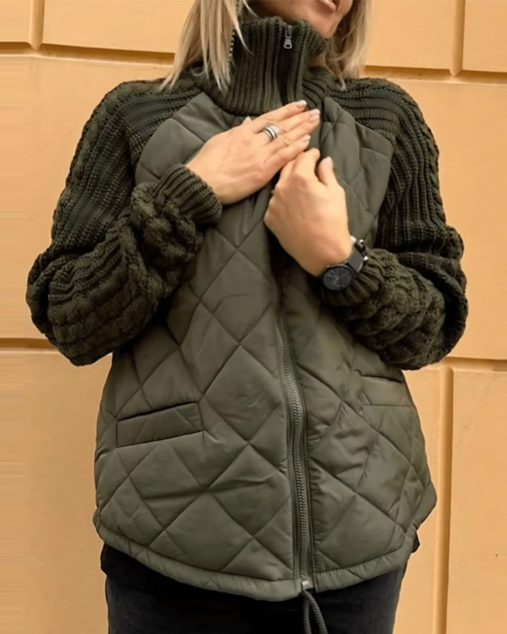 Adeline – Knit Sleeve Quilted Zip Up Jacket