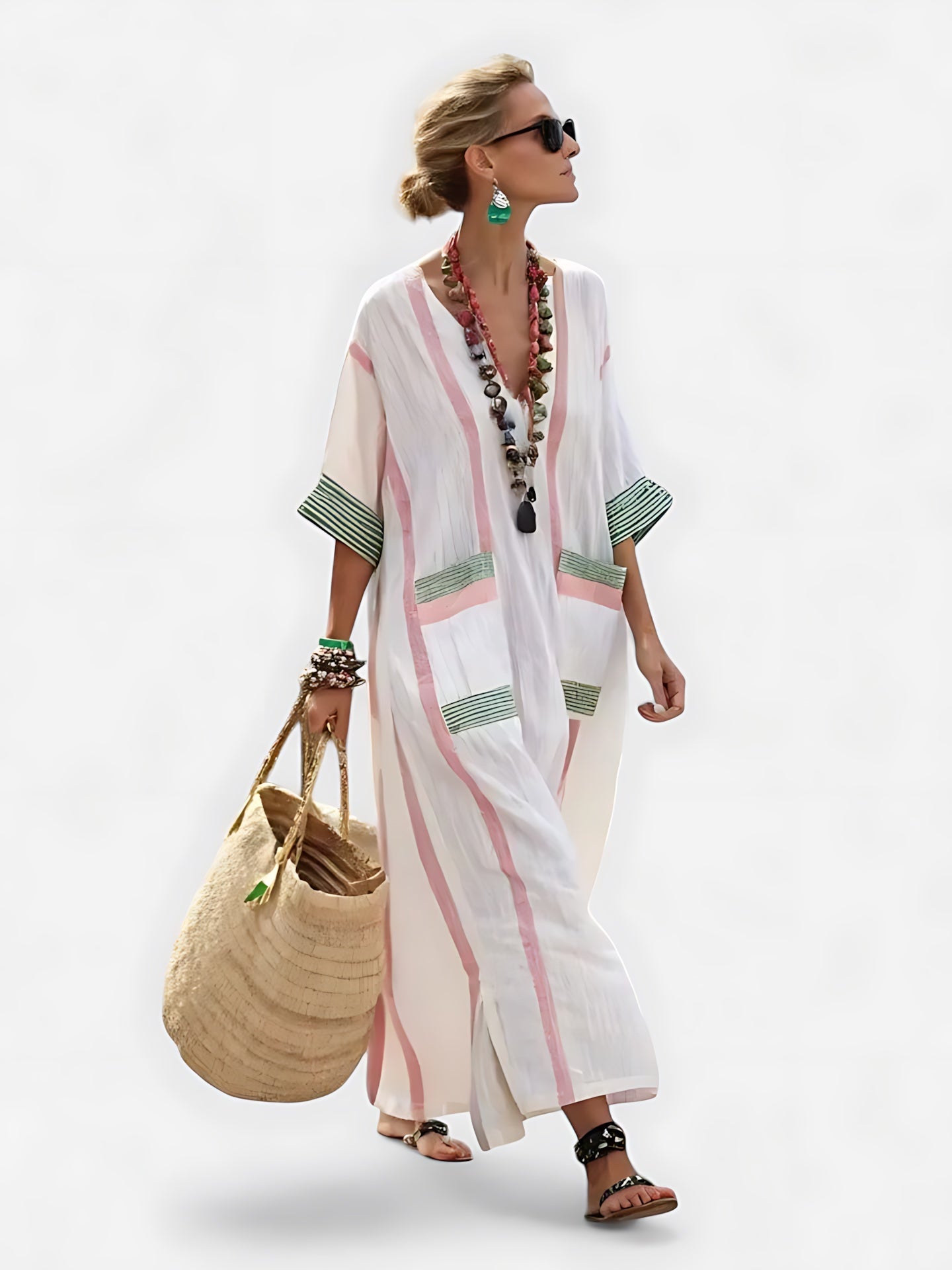 Adeline – Striped V Neck Kaftan Midi Dress