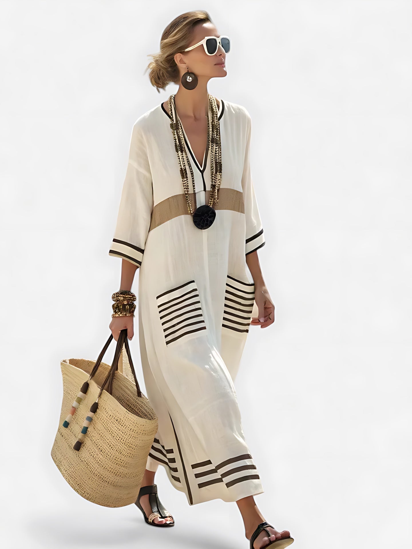 Adeline – Striped V Neck Kaftan Midi Dress