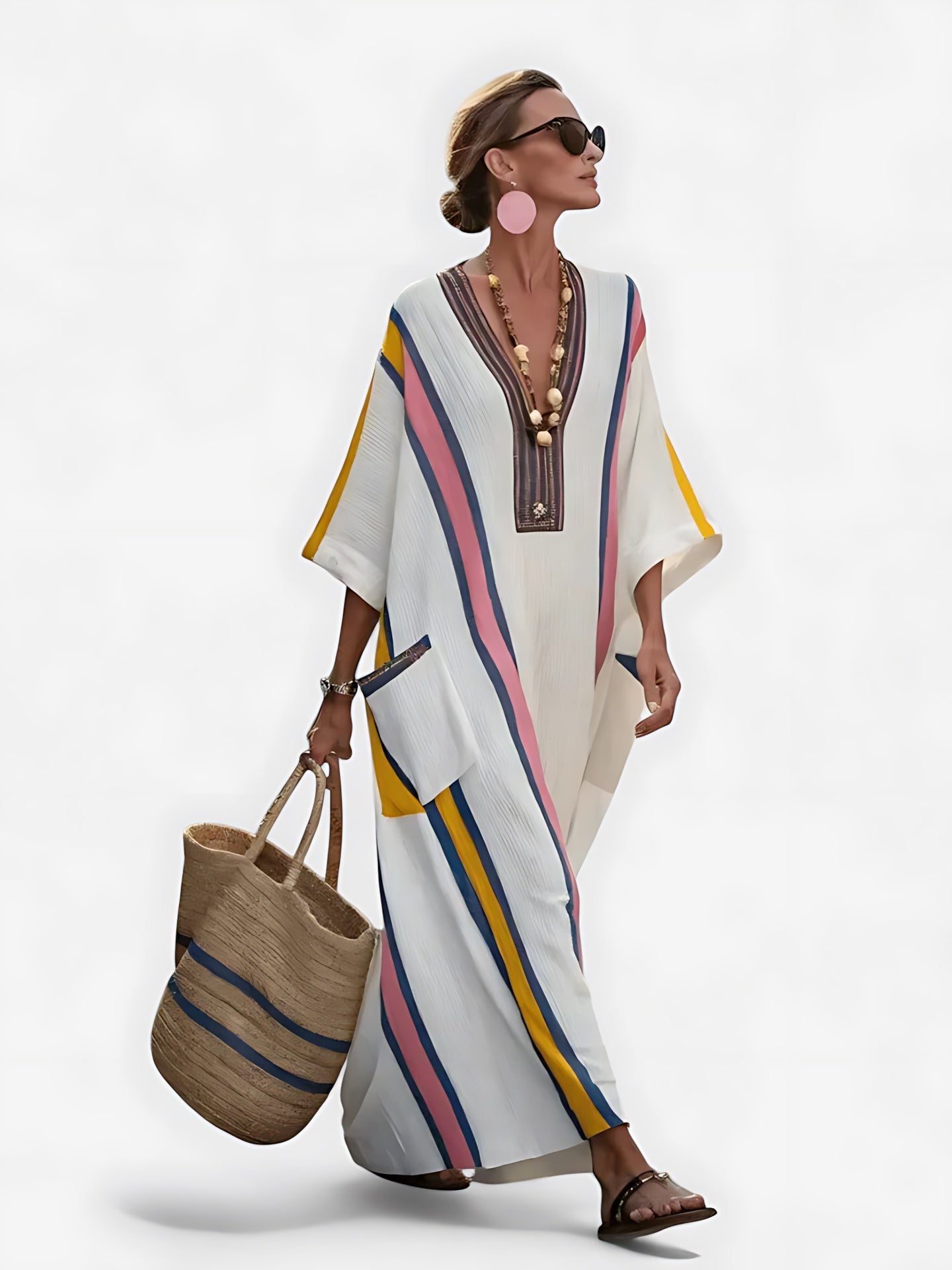 Adeline – Striped V Neck Kaftan Midi Dress