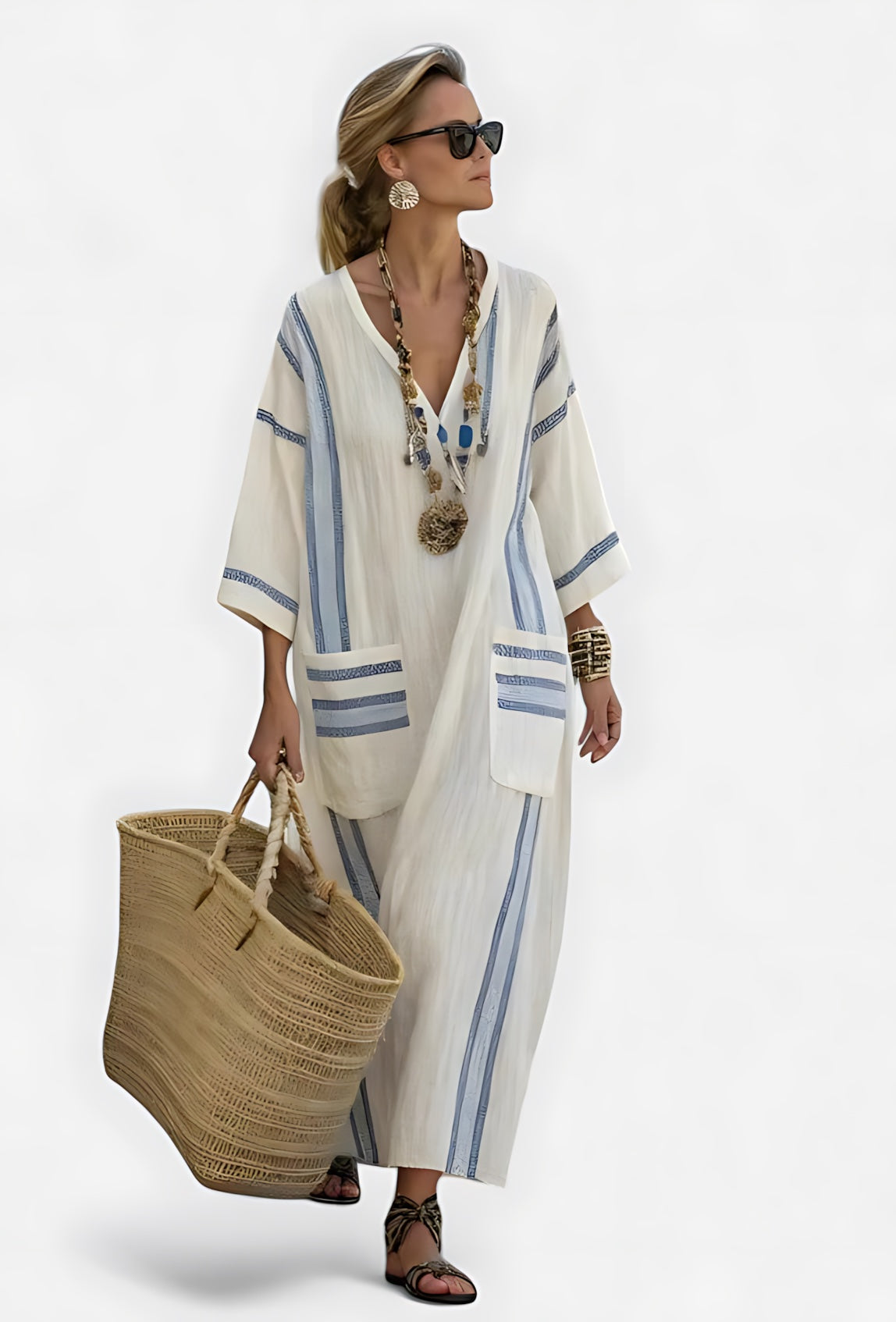 Adeline – Striped V Neck Kaftan Midi Dress