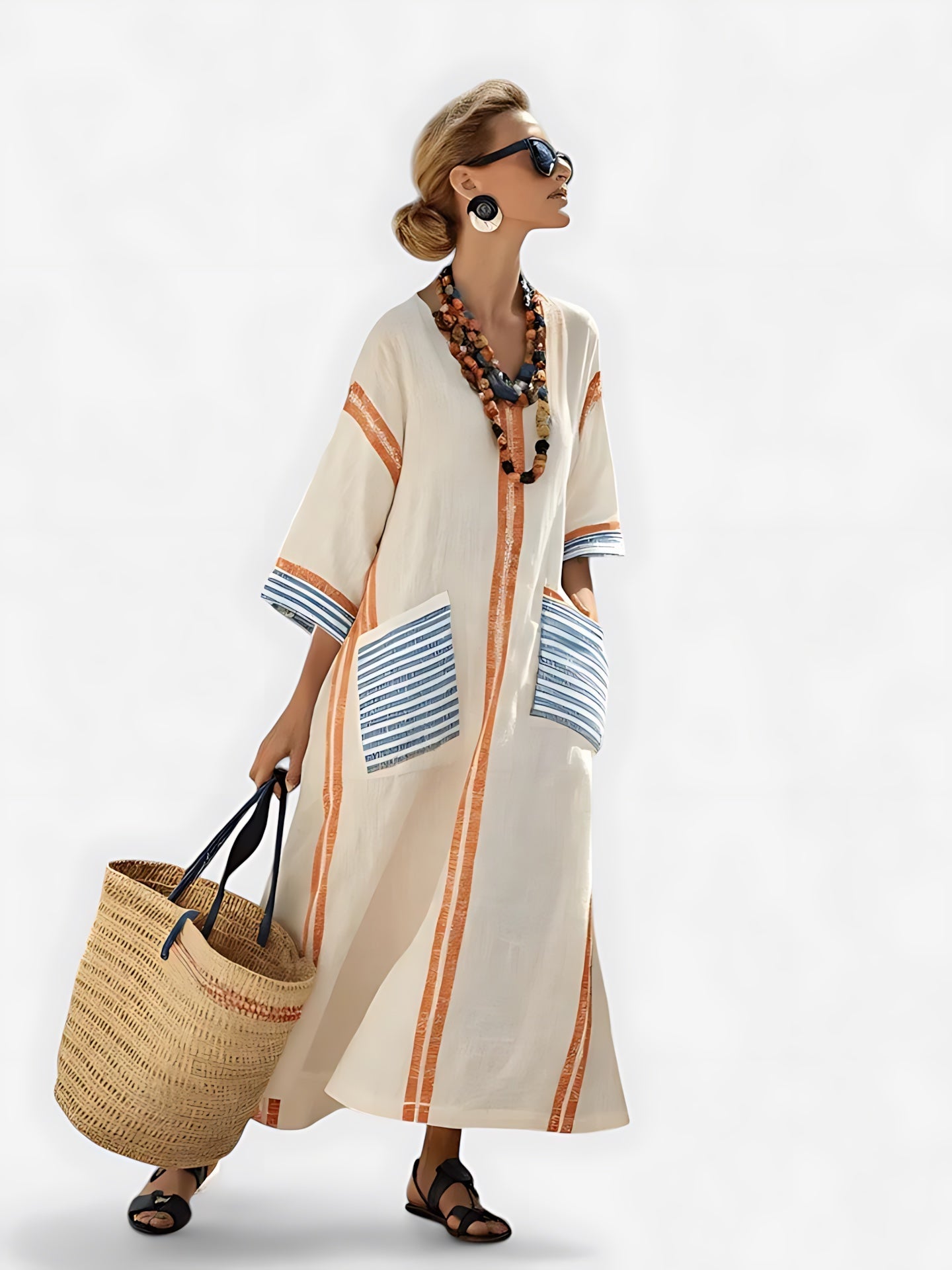 Adeline – Striped V Neck Kaftan Midi Dress