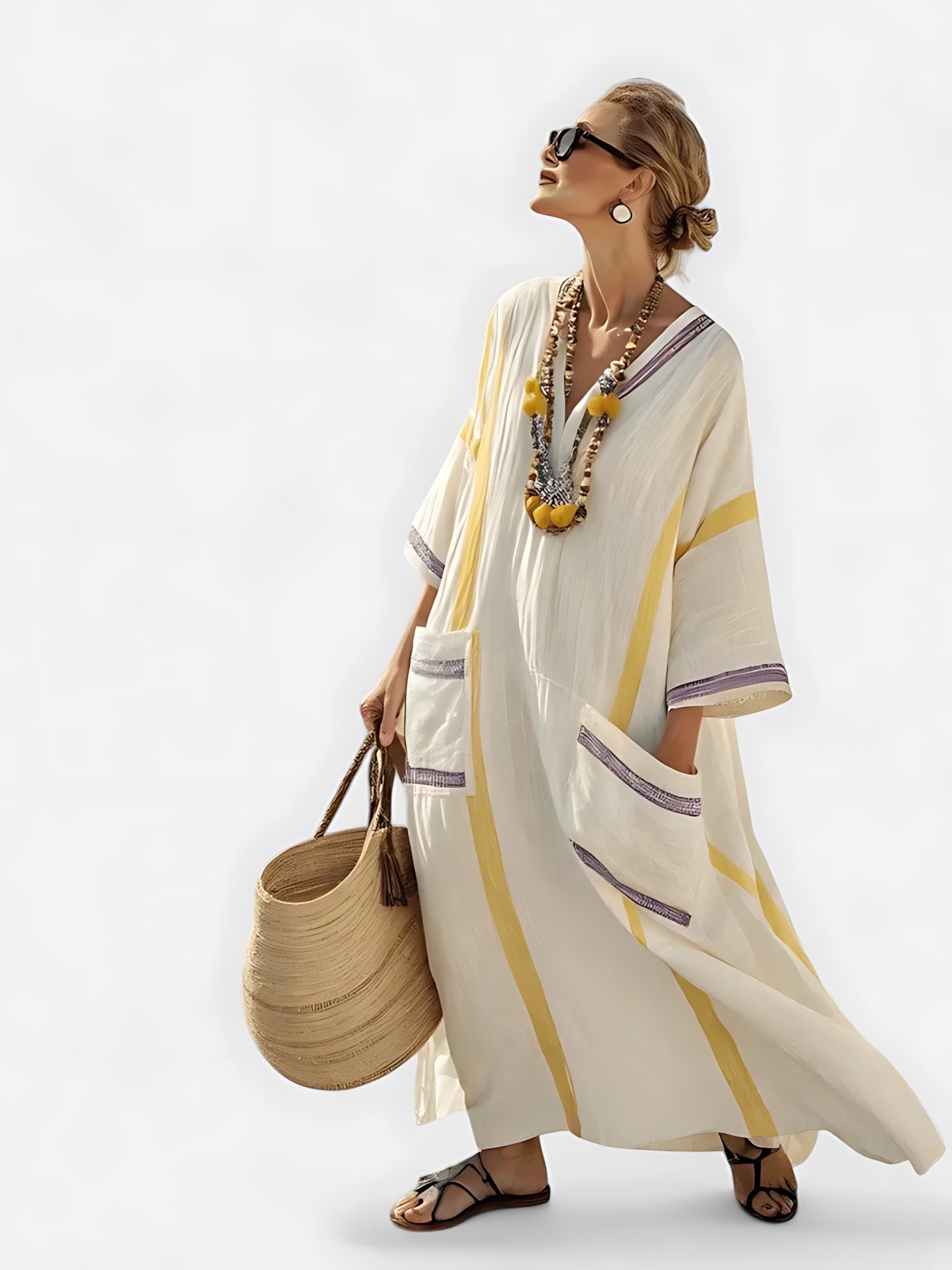 Adeline – Striped V Neck Kaftan Midi Dress