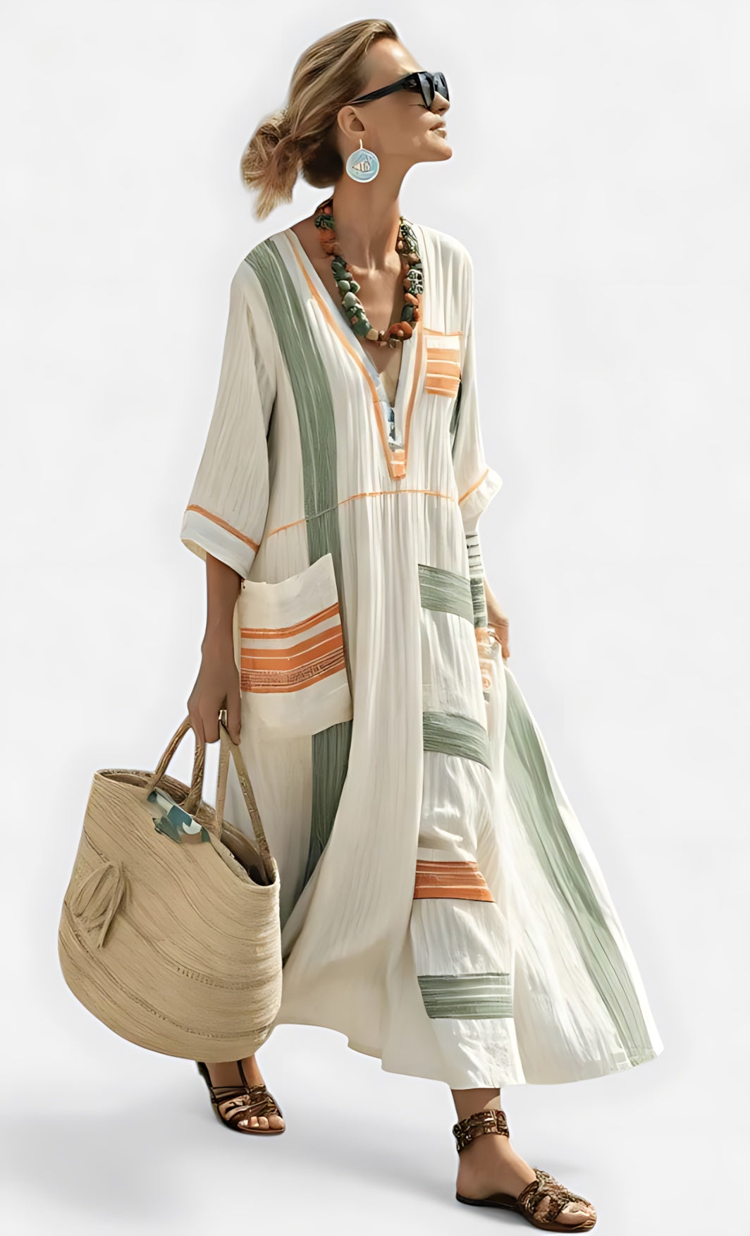 Adeline – Striped V Neck Kaftan Midi Dress