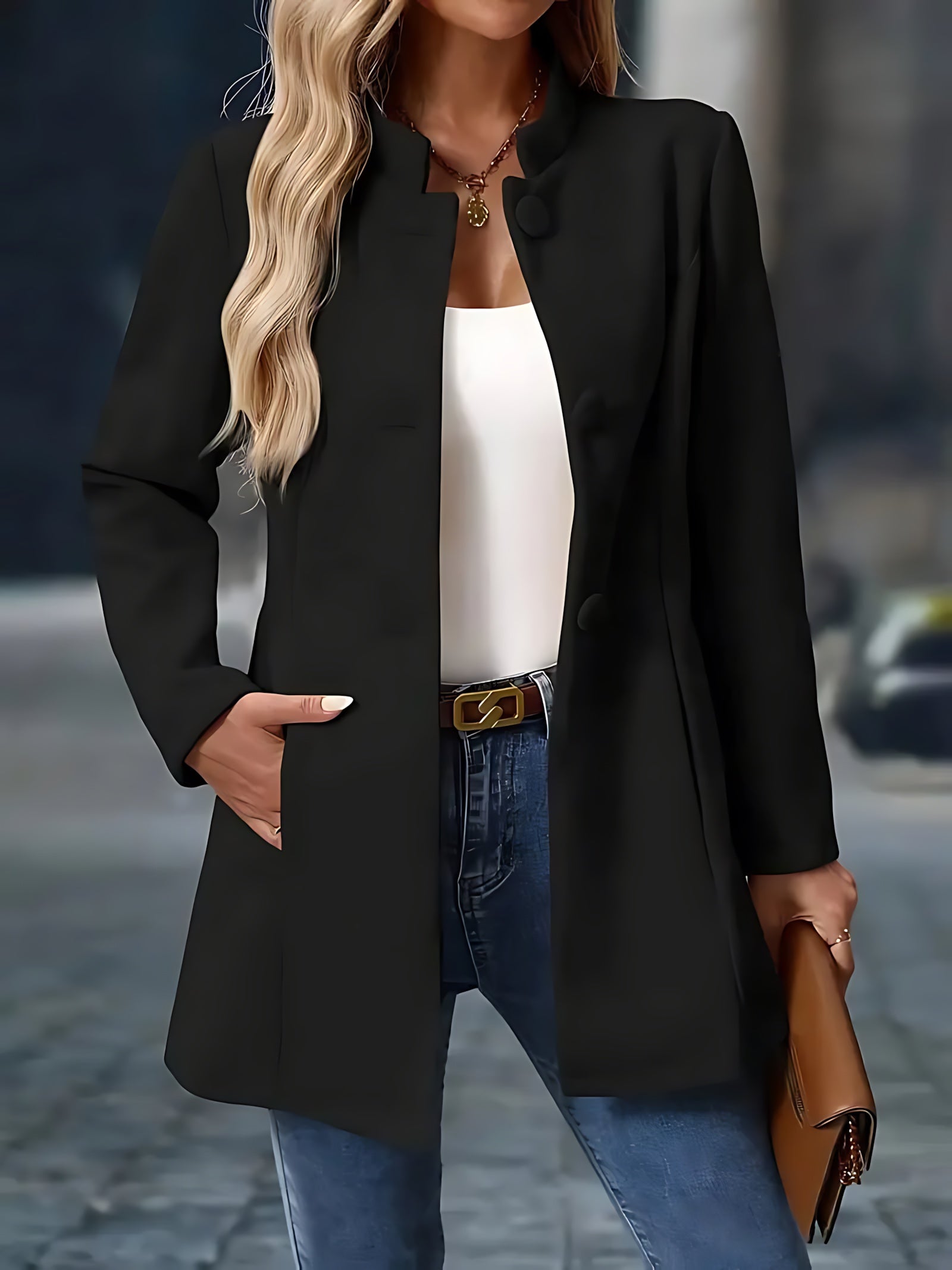 Adriana – Stand Collar Button Front Midi Coat