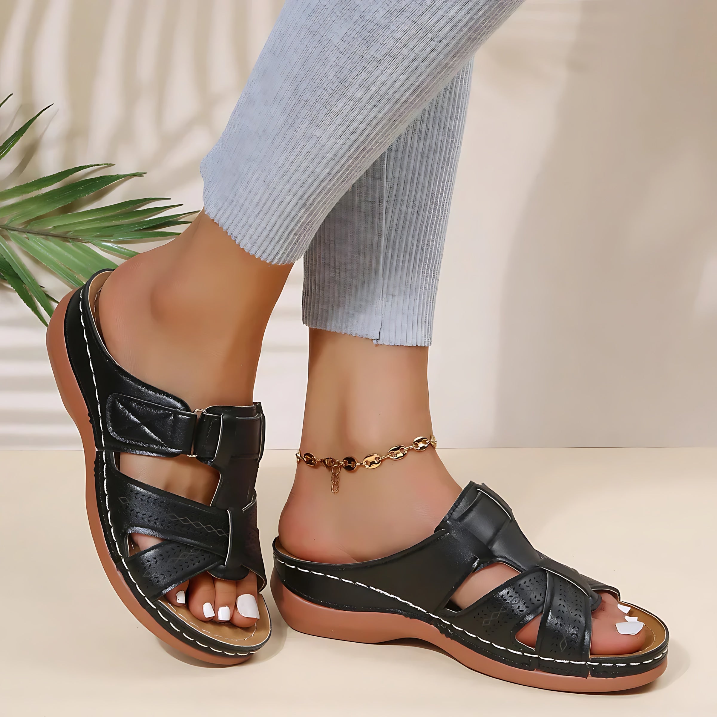 Adriana – Stitched Cutout Wedge Slide Sandals