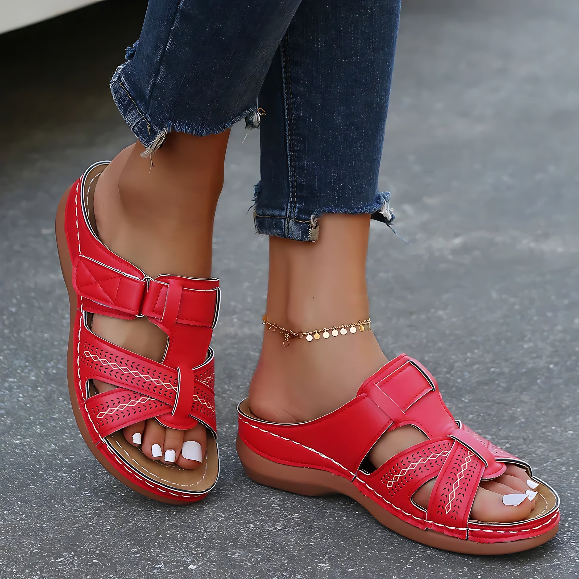 Adriana – Stitched Cutout Wedge Slide Sandals