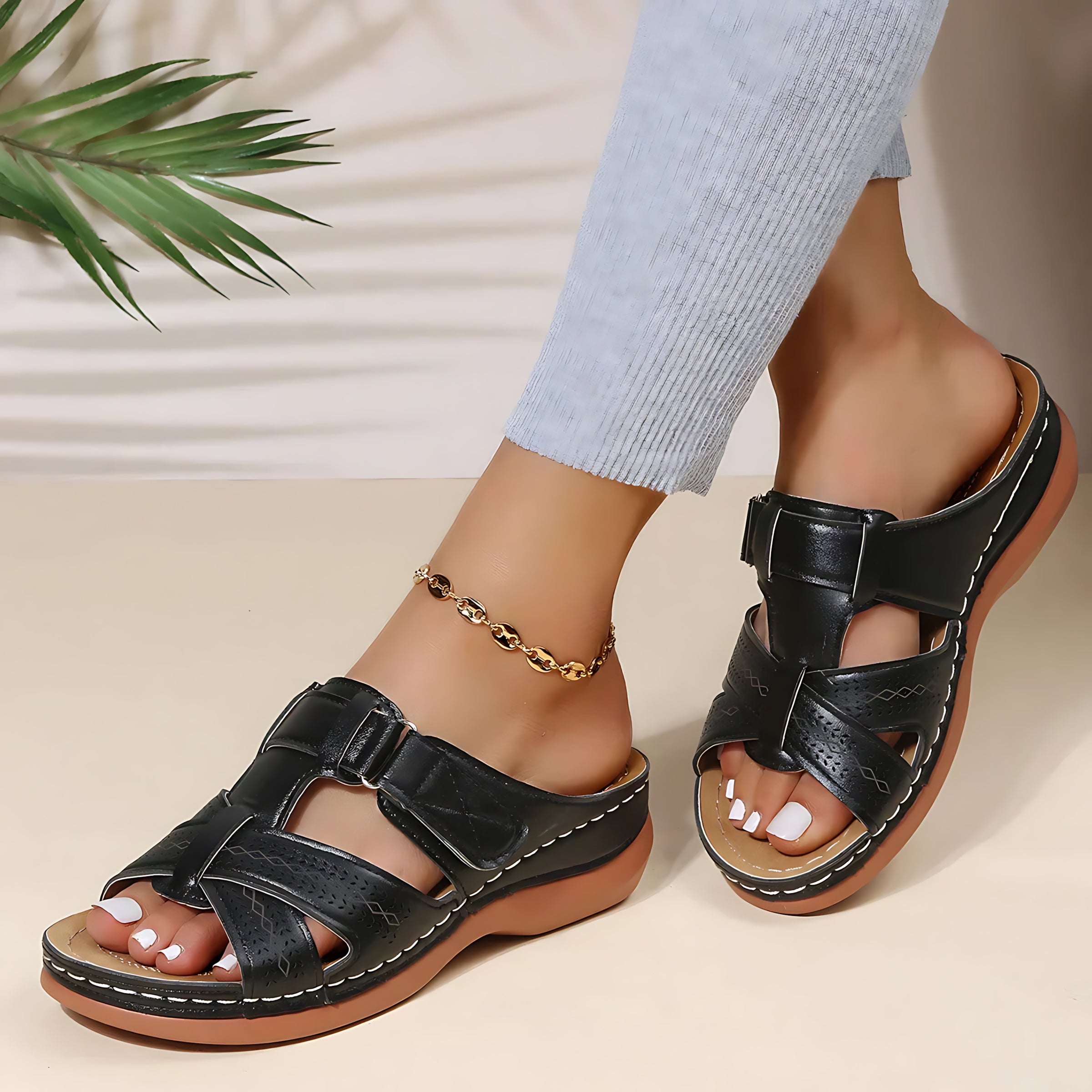 Adriana – Stitched Cutout Wedge Slide Sandals