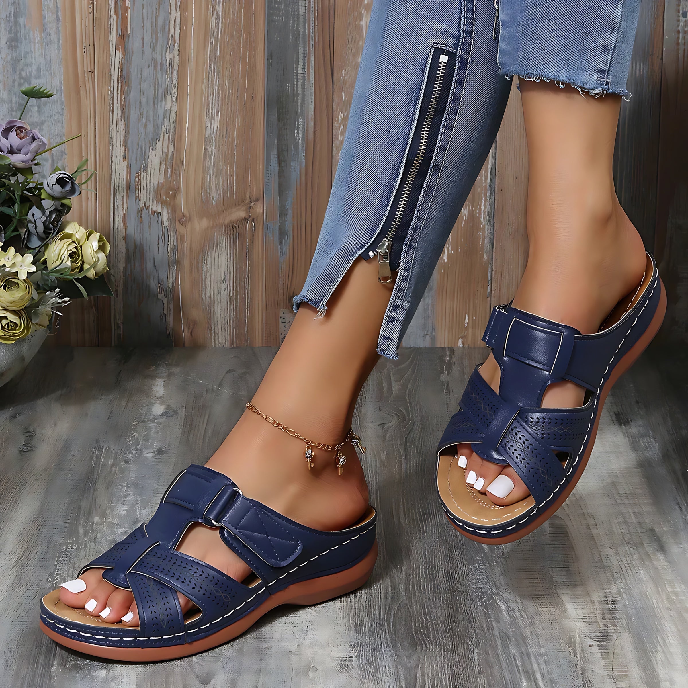 Adriana – Stitched Cutout Wedge Slide Sandals