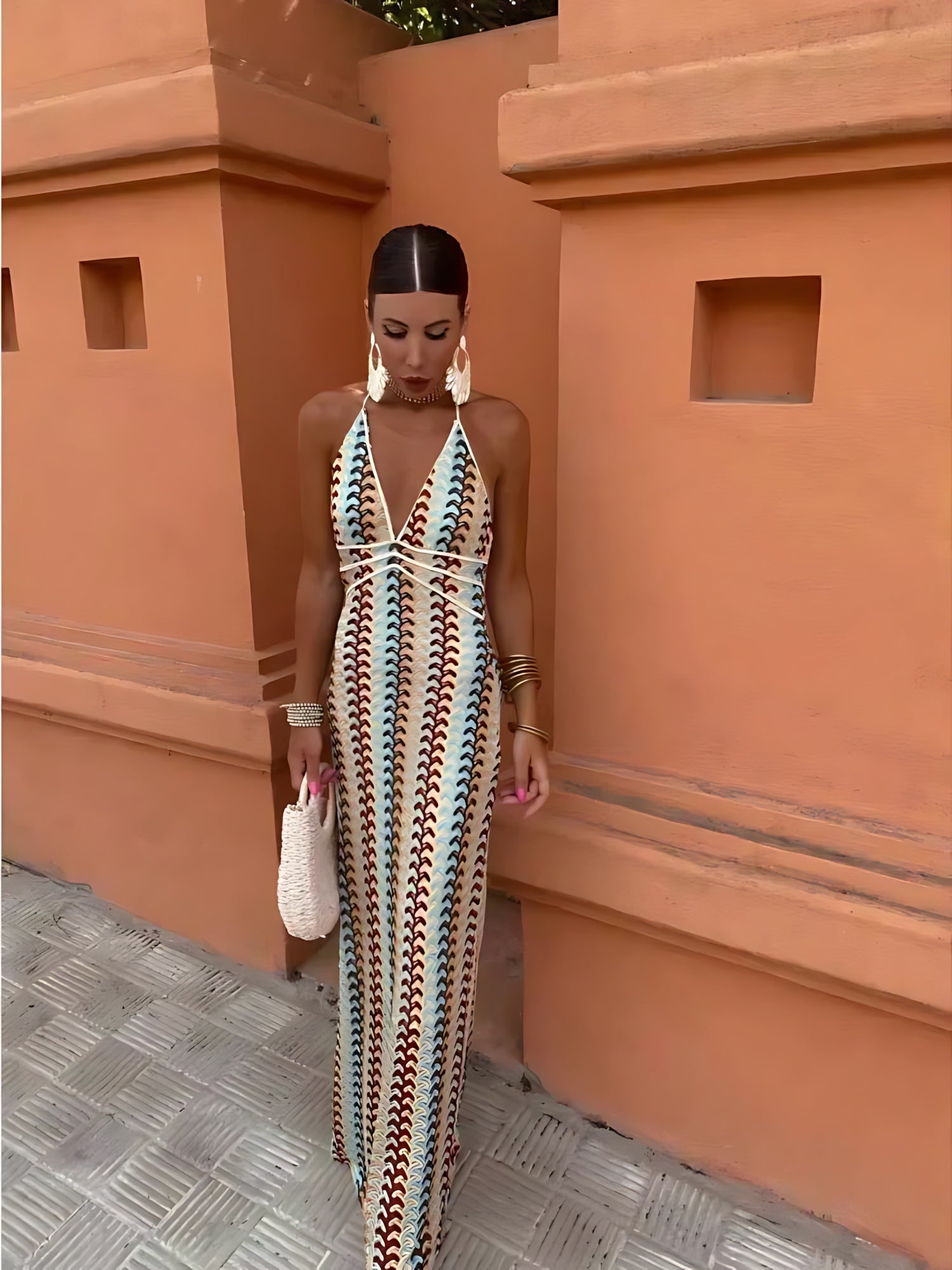 Adriana – Striped Knit Halter Neck Maxi Dress
