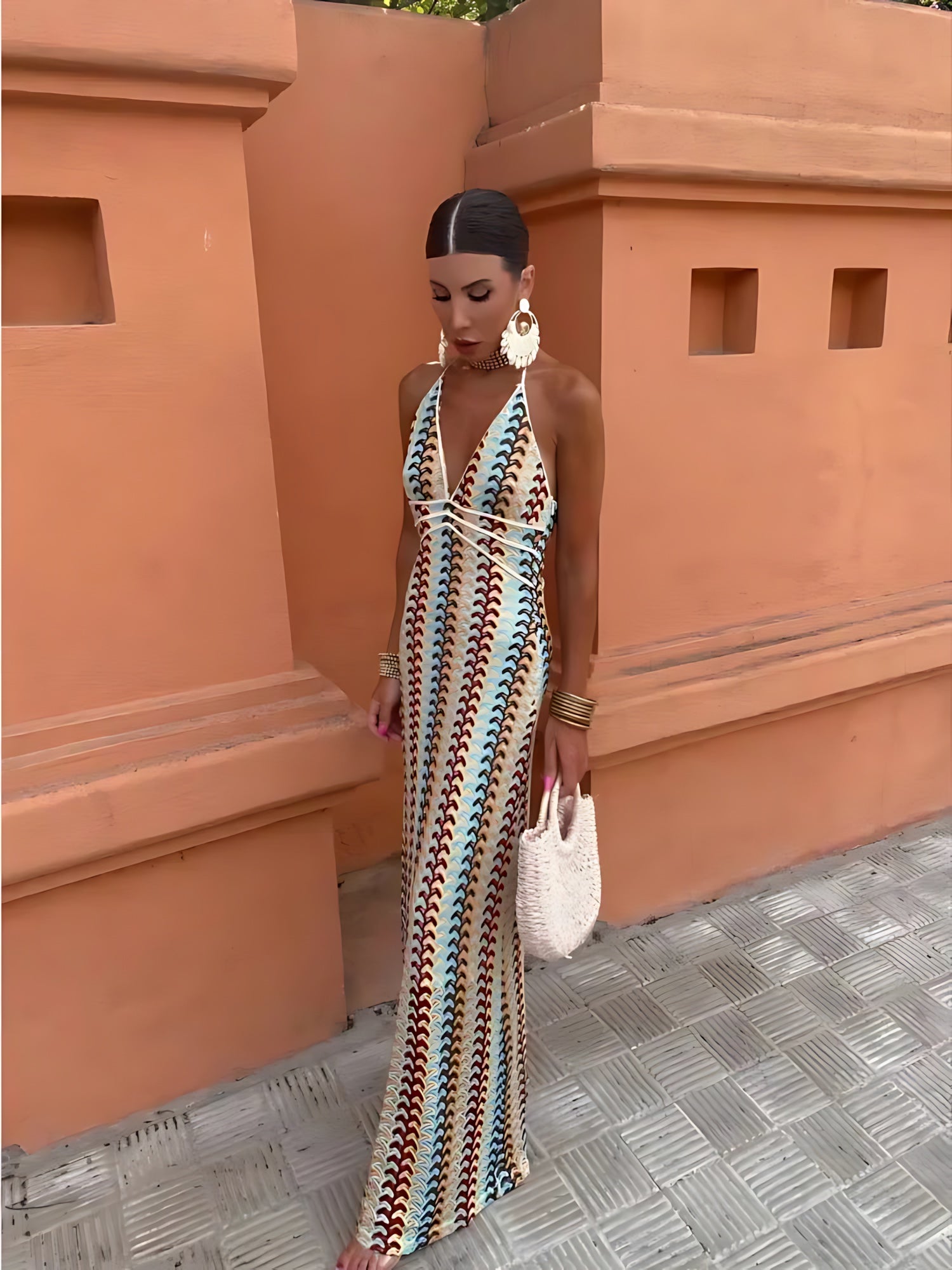 Adriana – Striped Knit Halter Neck Maxi Dress
