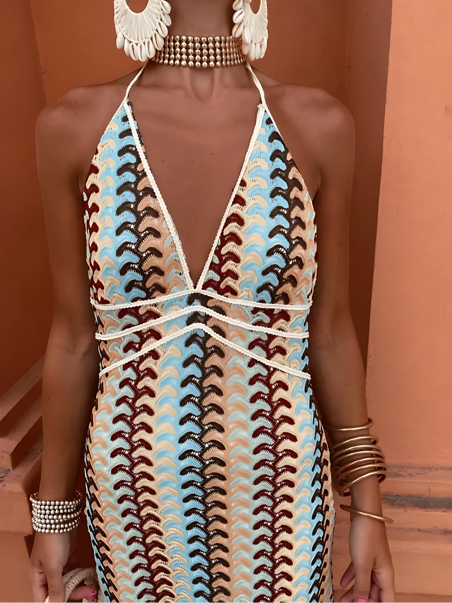 Adriana – Striped Knit Halter Neck Maxi Dress