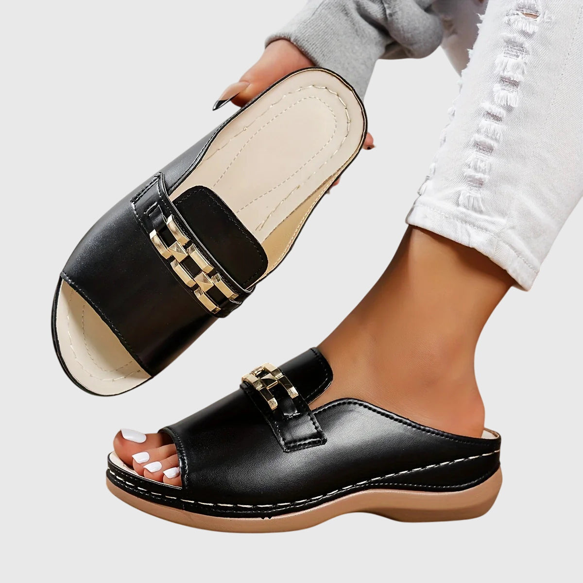 Sadie – Chain Slide Low Wedge Sandals