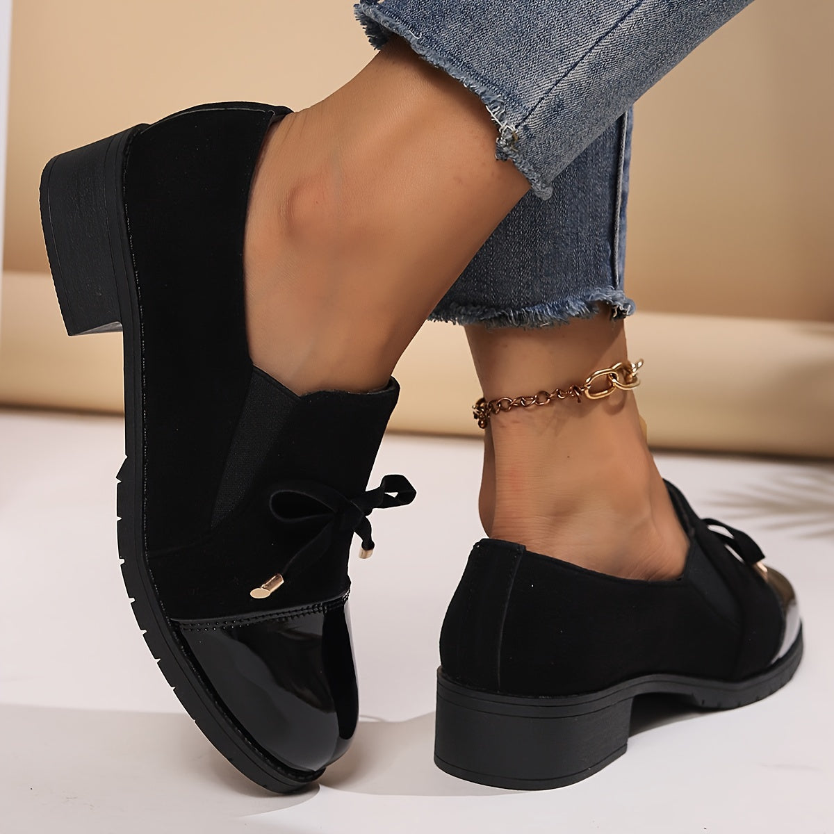 Avery – Patent Bow Block Heel Loafers