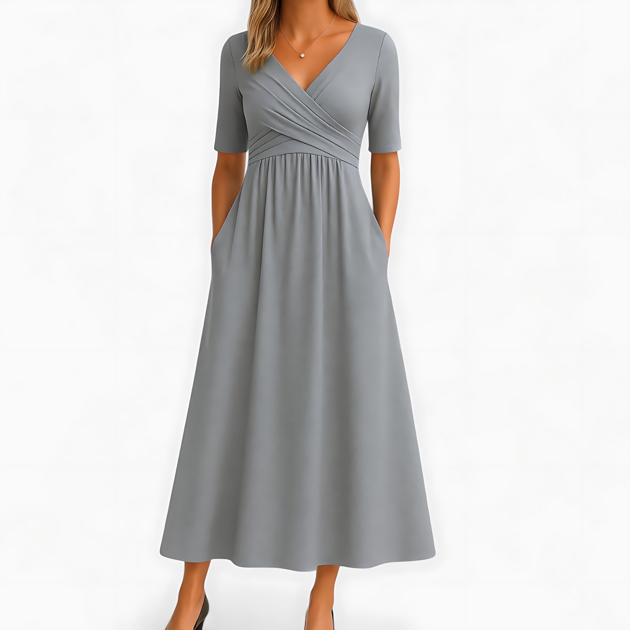 Alice – V Neck Pleated Fit and Flare Maxi Dress