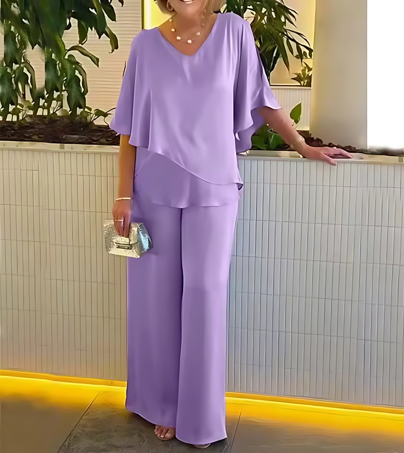 Allison – Draped V Neck Top and Wide Leg Pants Evening Set