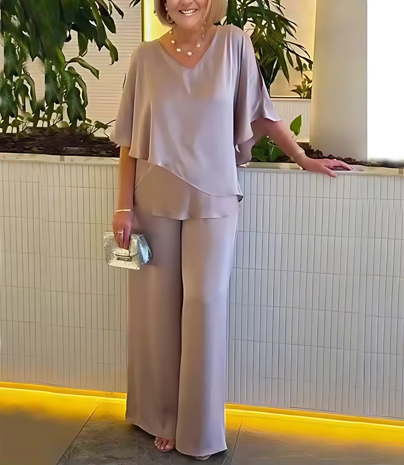 Allison – Draped V Neck Top and Wide Leg Pants Evening Set