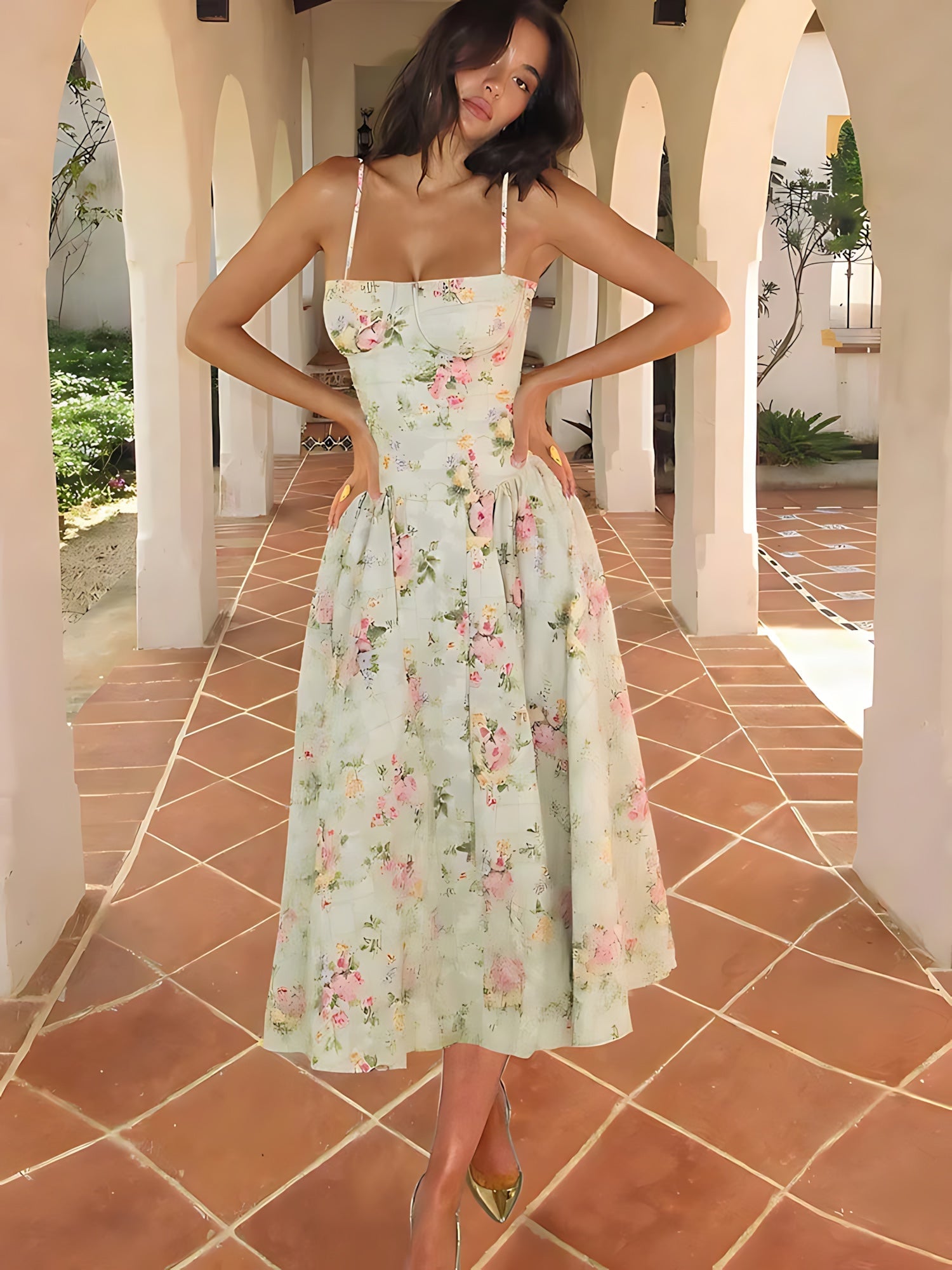 Amara – Floral Print Corset Wedding Guest Midi Dress