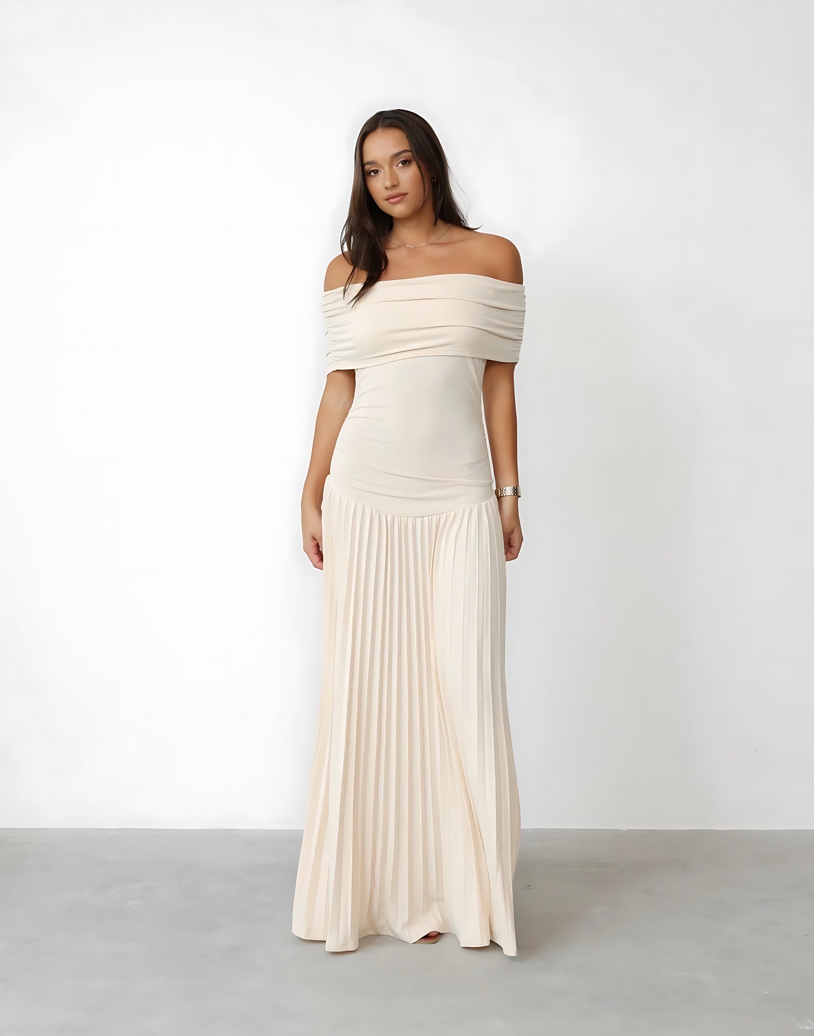 Amara – Off Shoulder Pleated Evening Maxi Dress