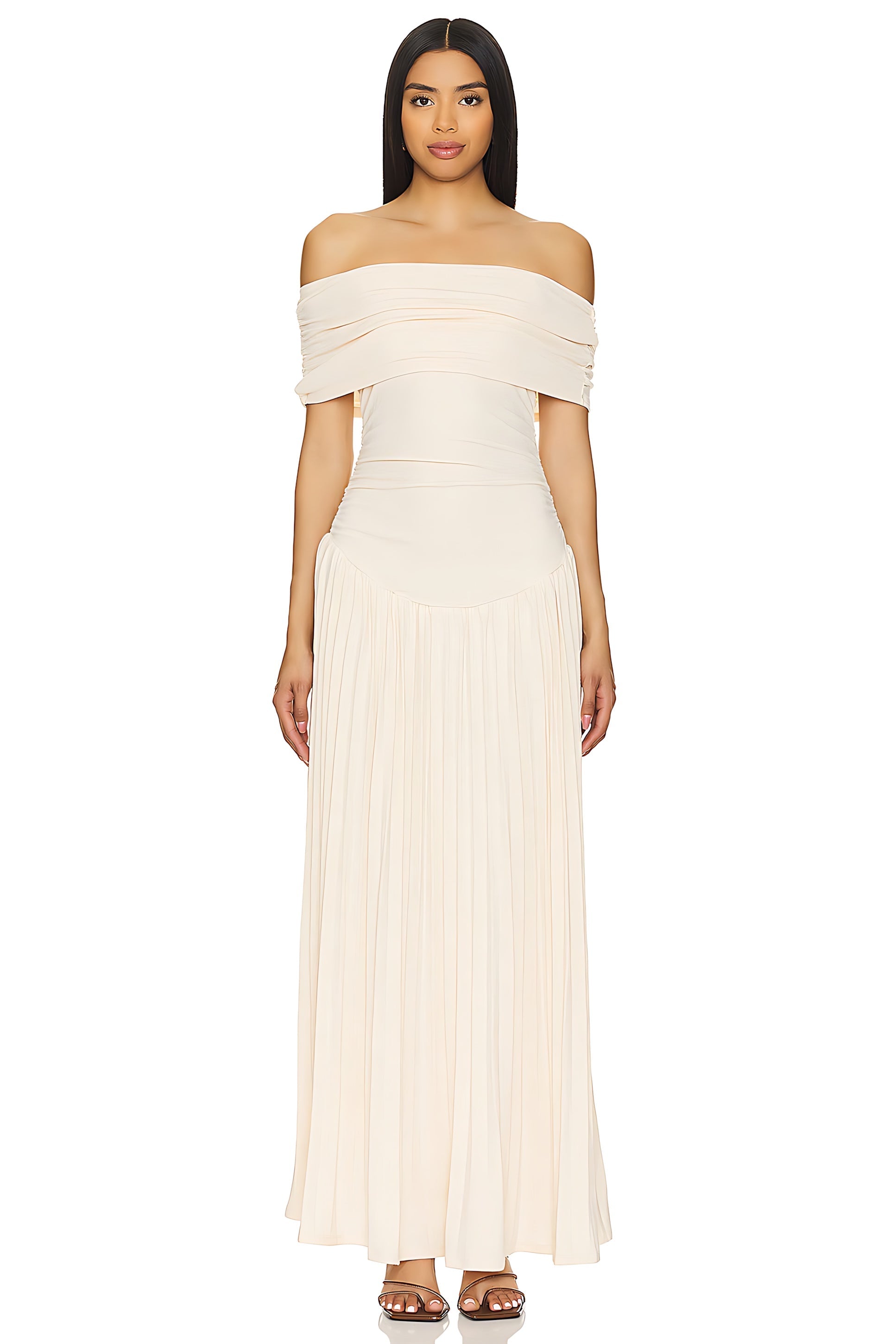 Amara – Off Shoulder Pleated Evening Maxi Dress