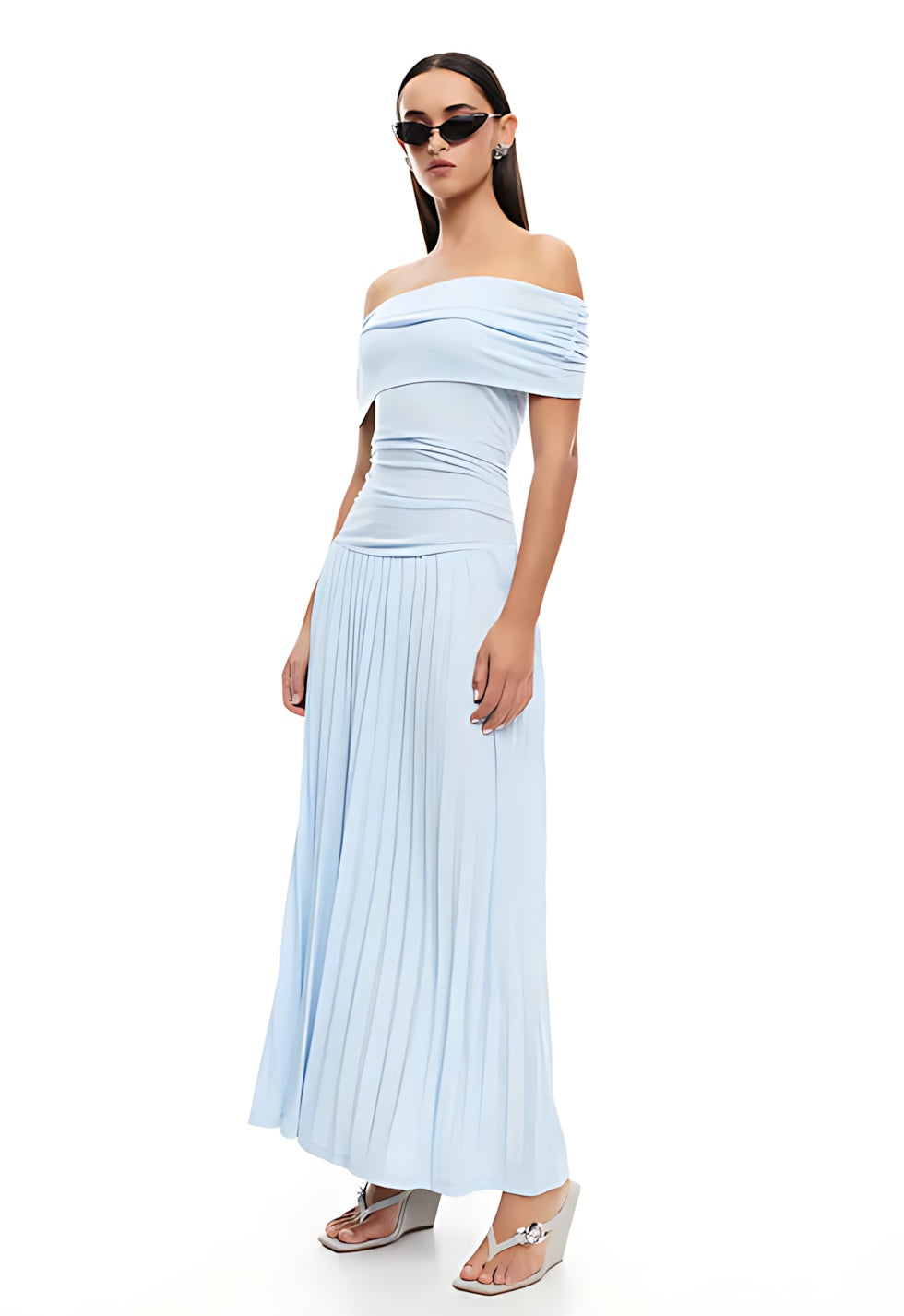 Amara – Off Shoulder Pleated Evening Maxi Dress