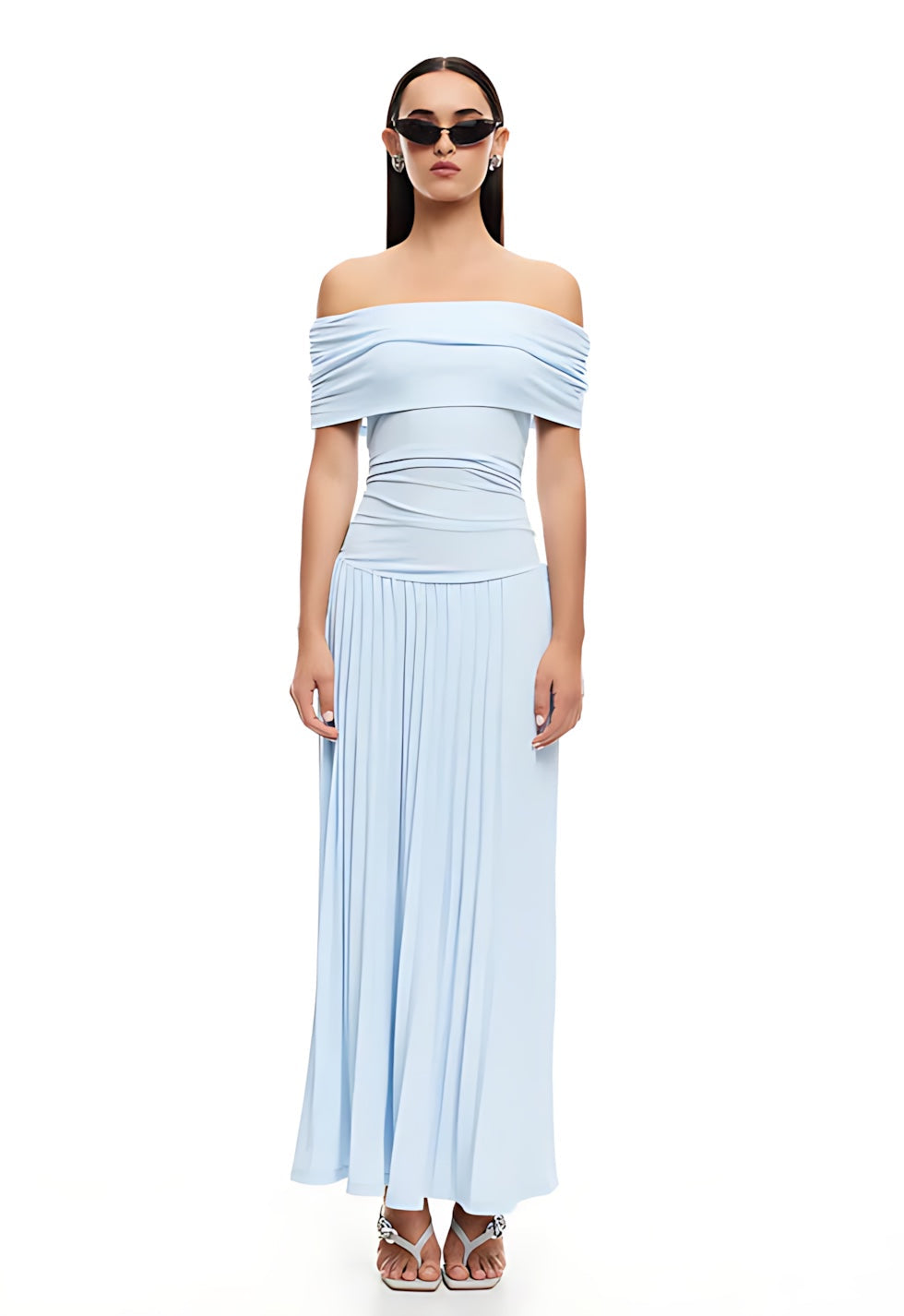 Amara – Off Shoulder Pleated Evening Maxi Dress