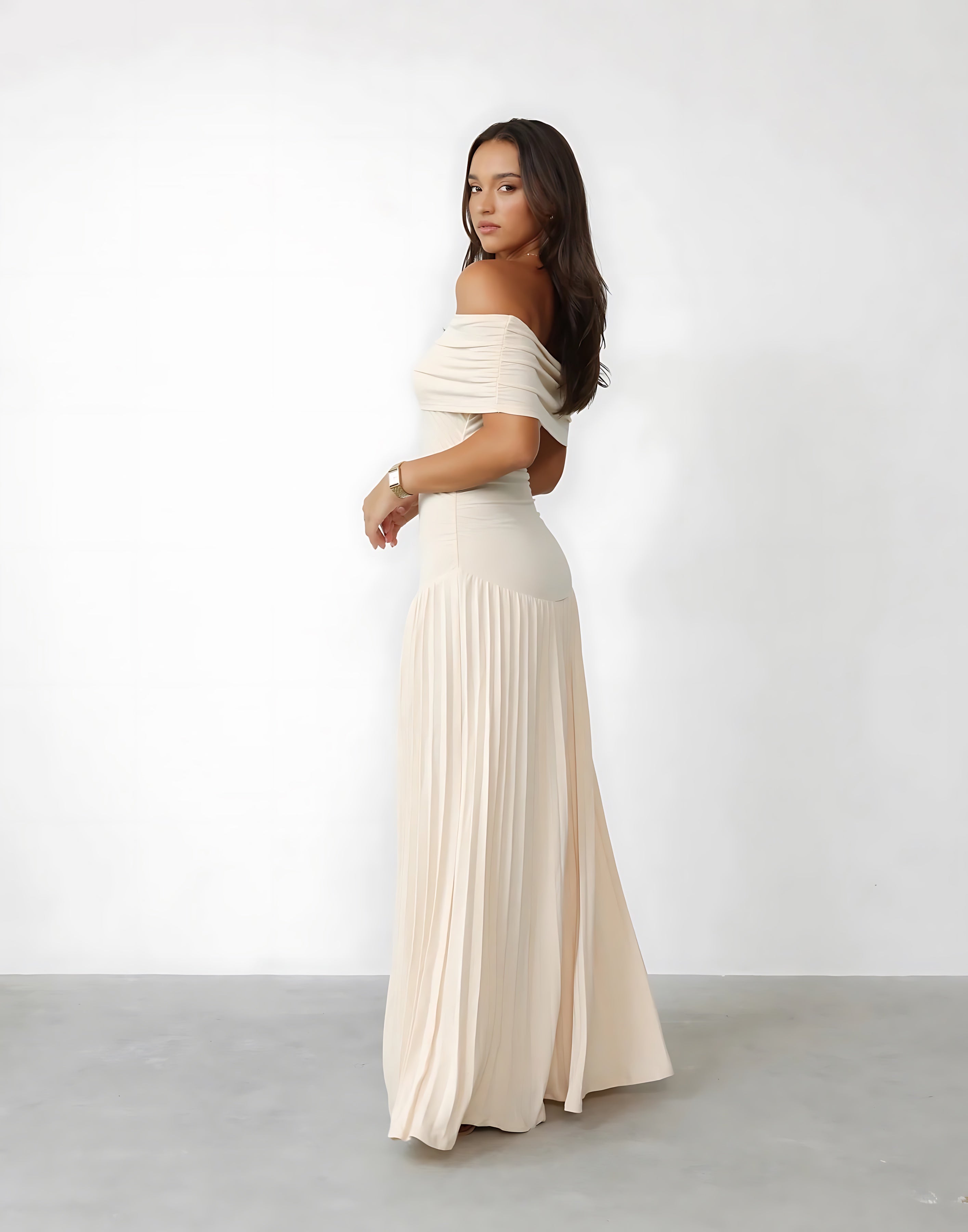 Amara – Off Shoulder Pleated Evening Maxi Dress