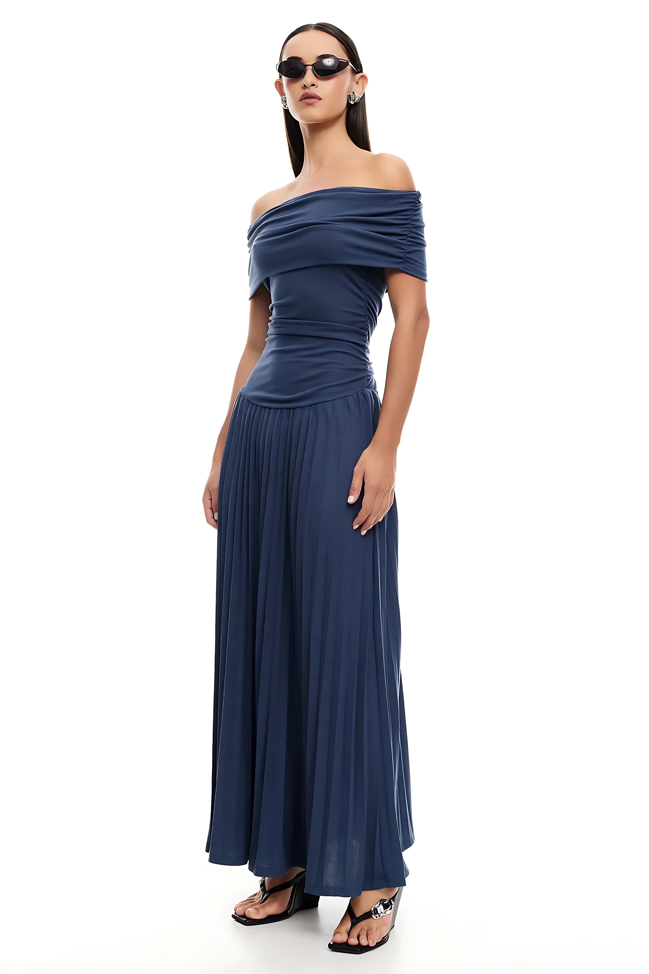 Amara – Off Shoulder Pleated Evening Maxi Dress