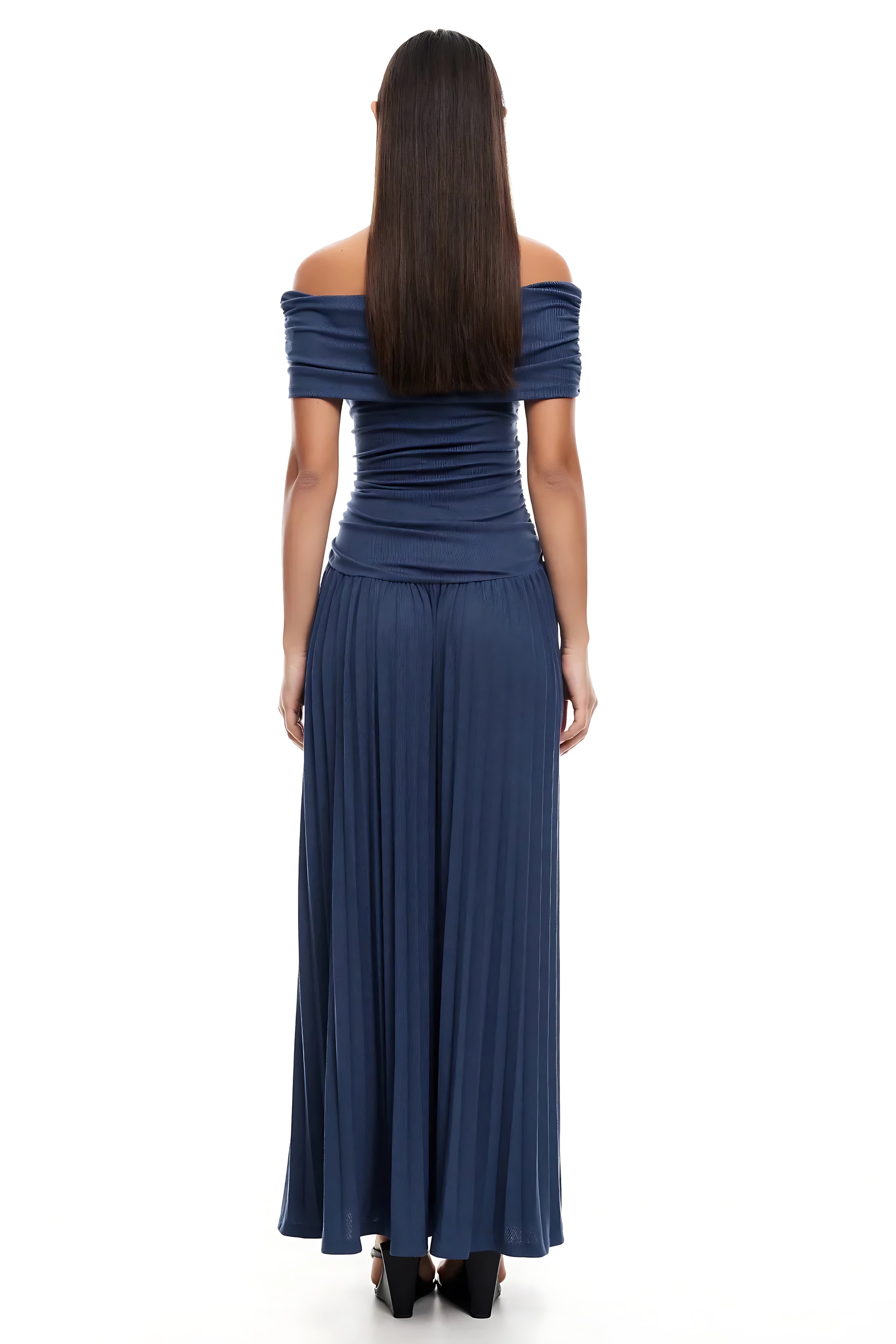 Amara – Off Shoulder Pleated Evening Maxi Dress