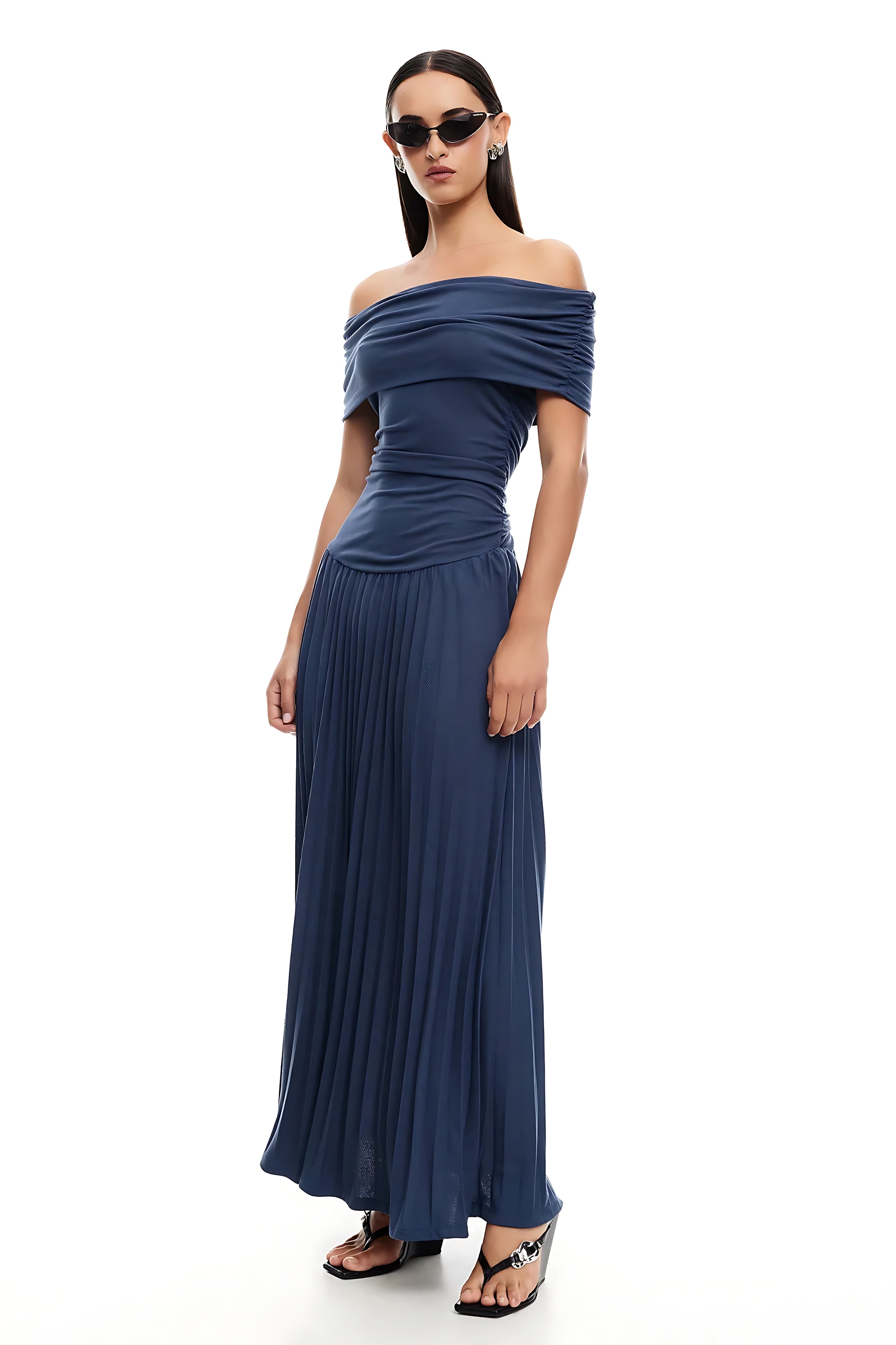 Amara – Off Shoulder Pleated Evening Maxi Dress
