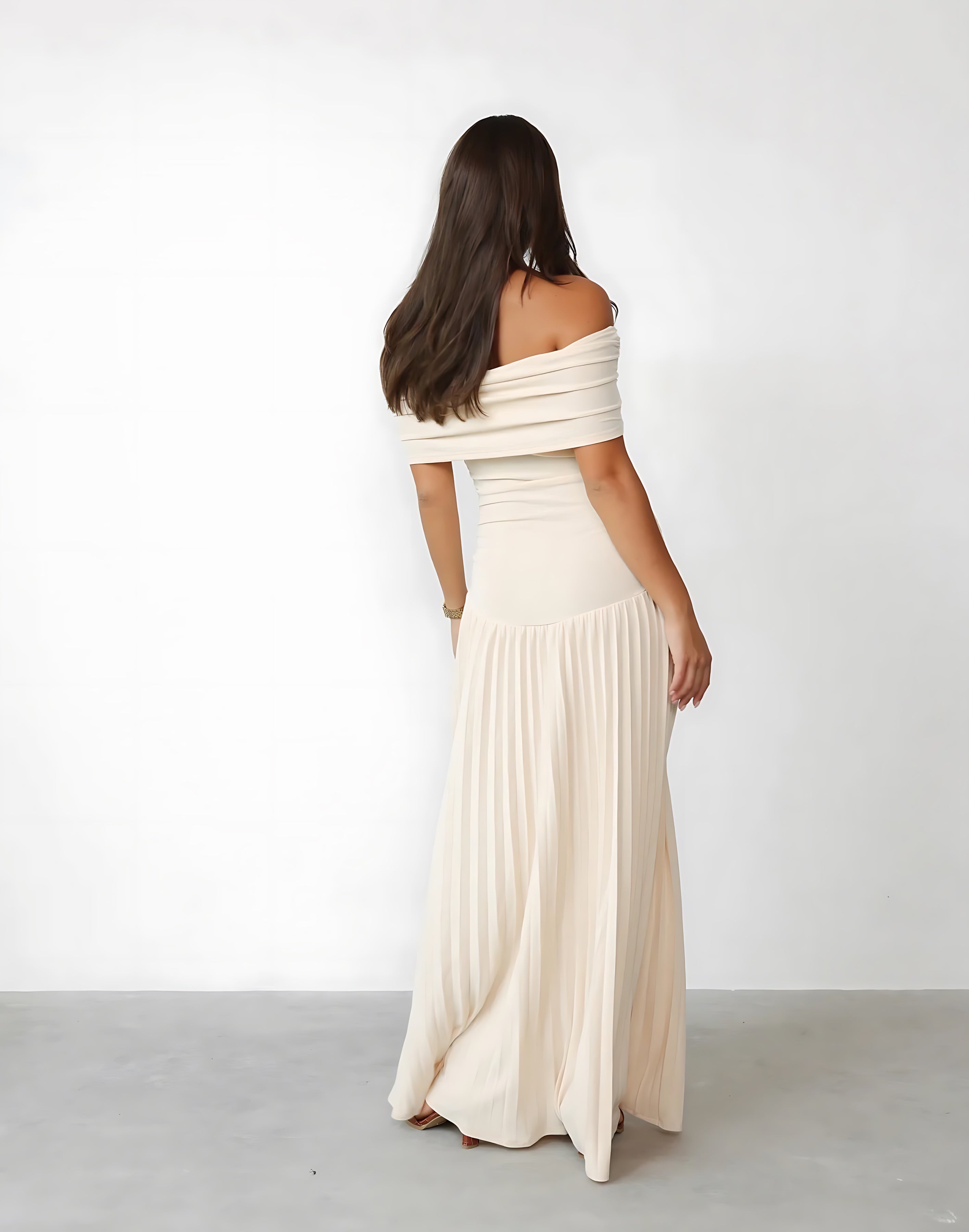 Amara – Off Shoulder Pleated Evening Maxi Dress