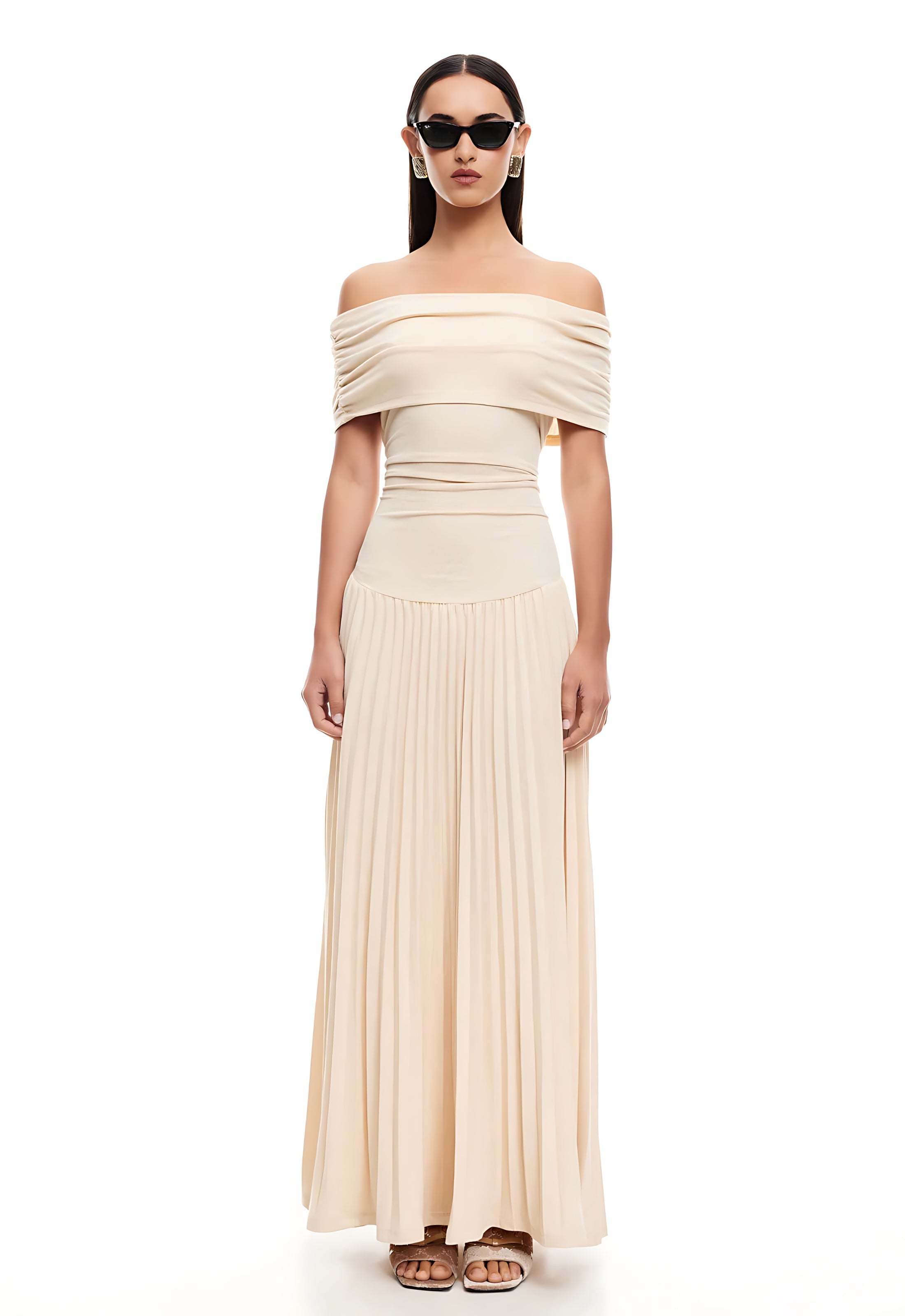 Amara – Off Shoulder Pleated Evening Maxi Dress