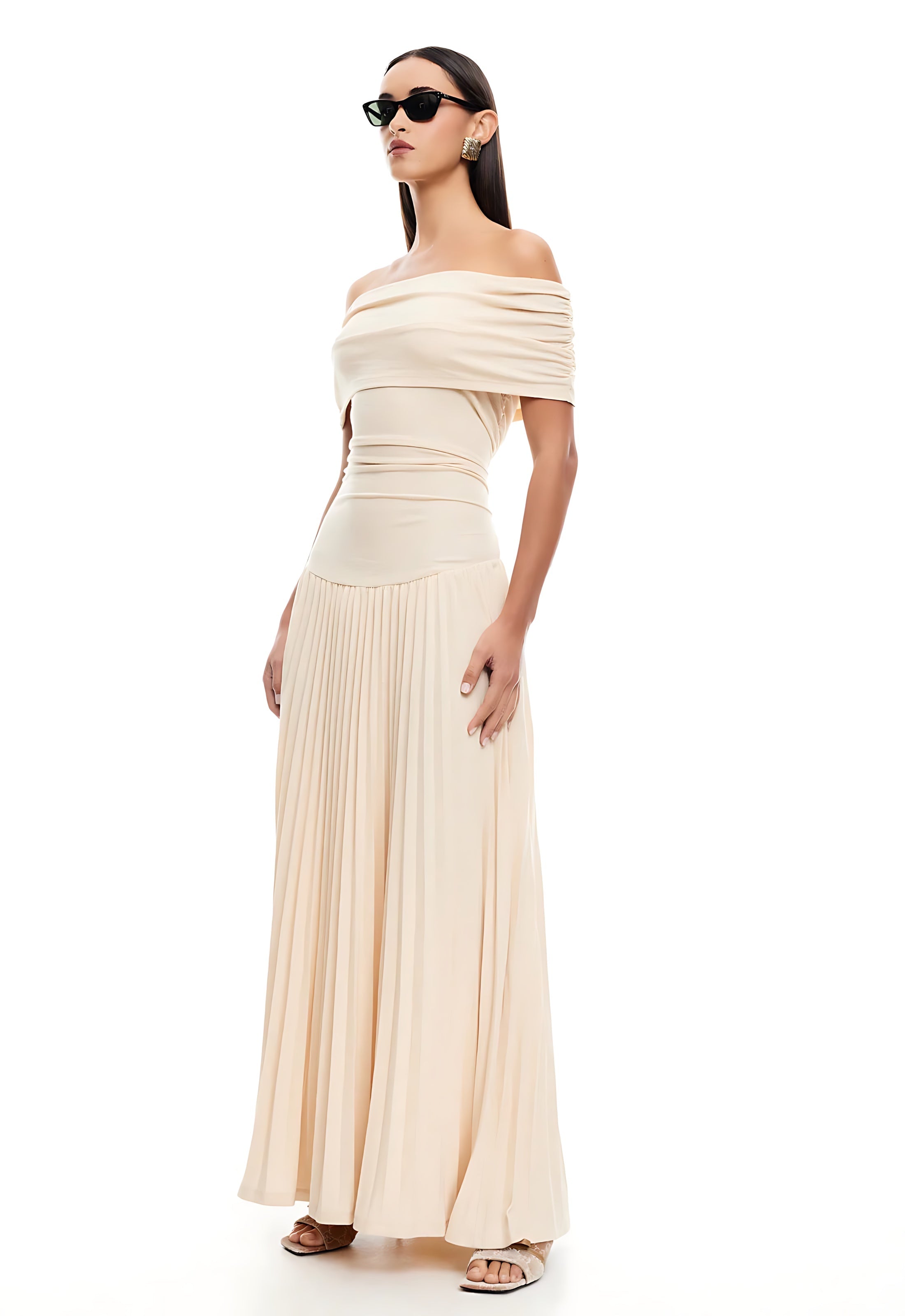 Amara – Off Shoulder Pleated Evening Maxi Dress