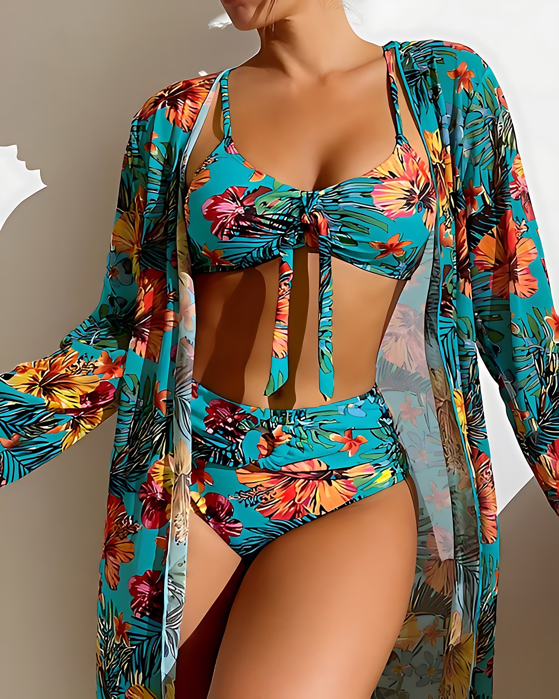Amara – Tropical Print Three Piece Bikini Set with Cover Up